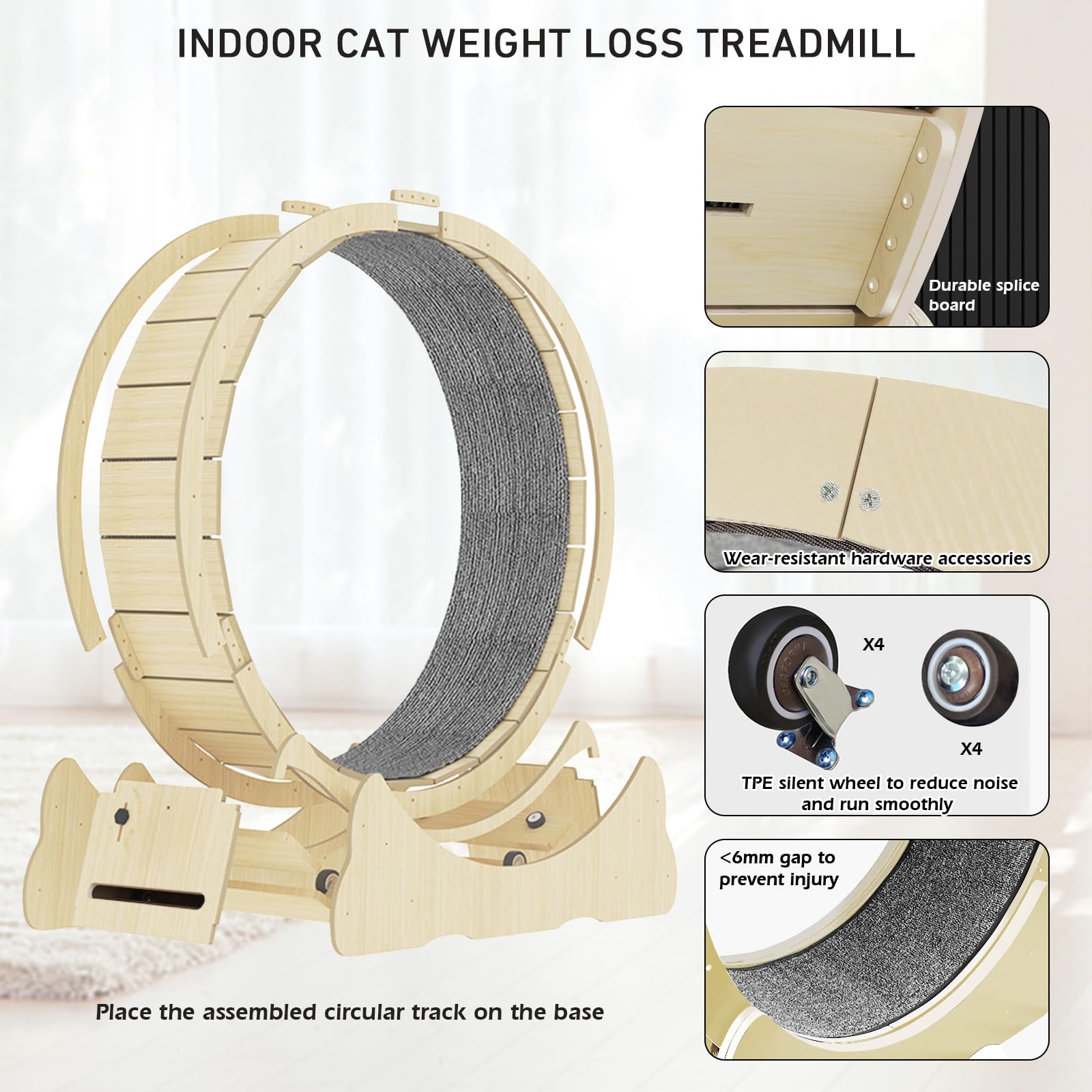 Silent Cat Exercise Wheel for Indoor Cats - TPE Roller, Wooden Cat Treadmill with Replaceable Pads for Weight Loss & Fitness - Perfect for Small Apartments & Active Feline Playtime