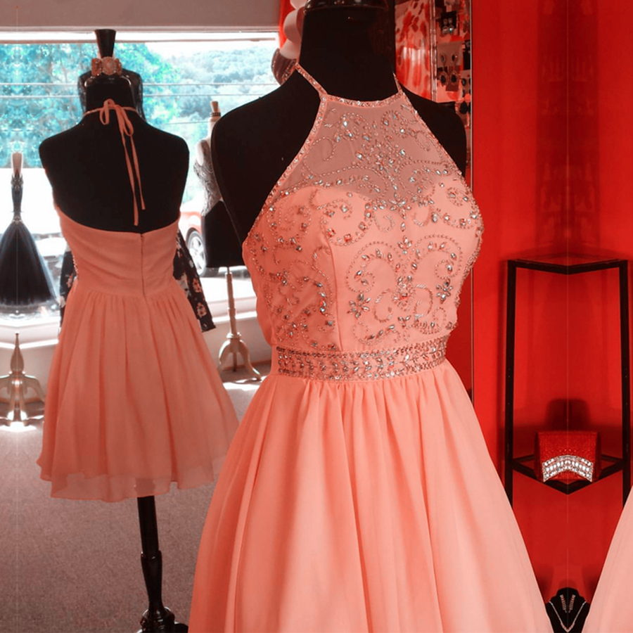 Elegant Beaded Halter Pink Chiffon Homecoming Dress - Short Prom Gown for Women - Perfect for Parties, Dances & Special Occasions