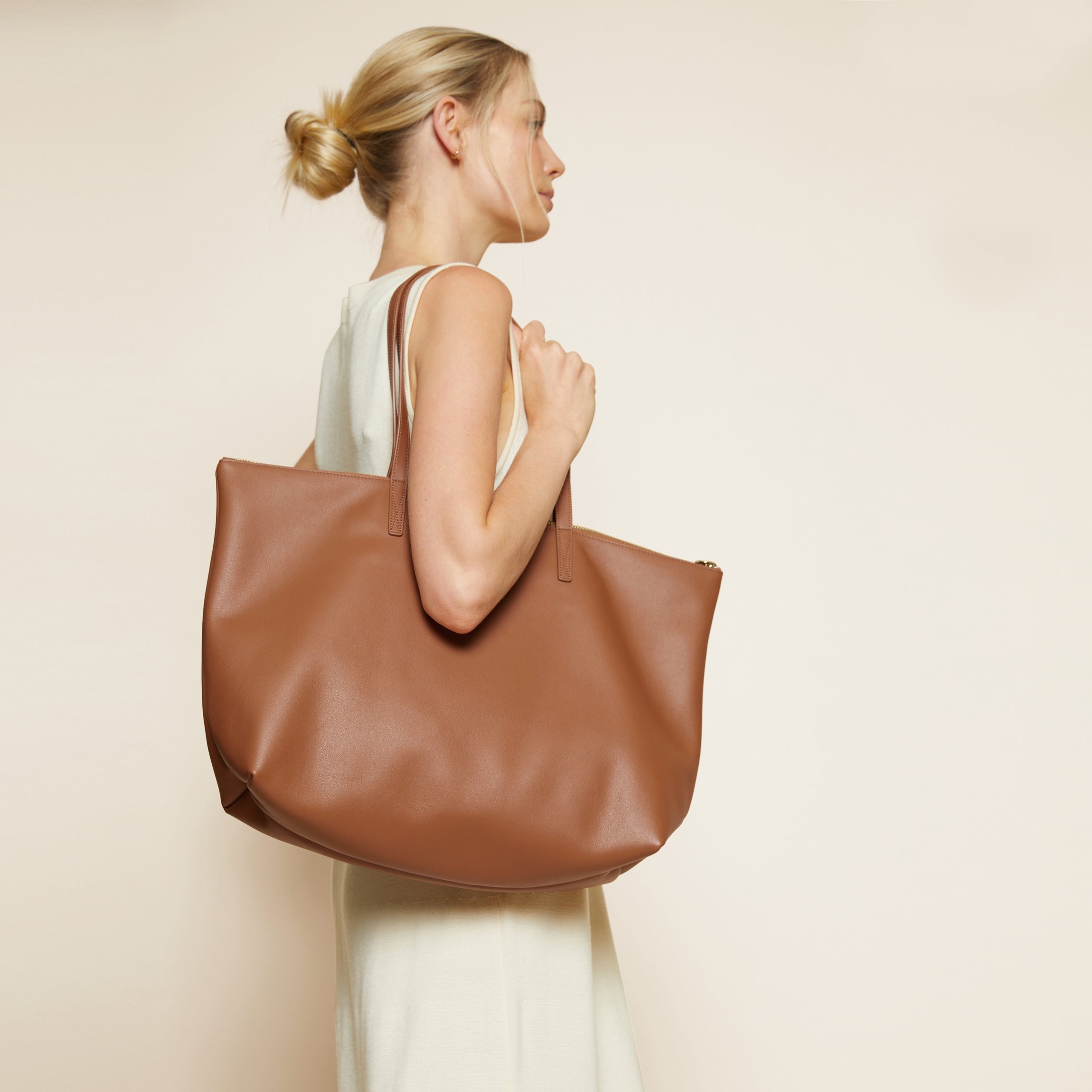 Aleena Soft Zippered Tote Bag in Cognac Brown - Stylish Leather Handbag for Women, Perfect for Work, Travel & Everyday Use