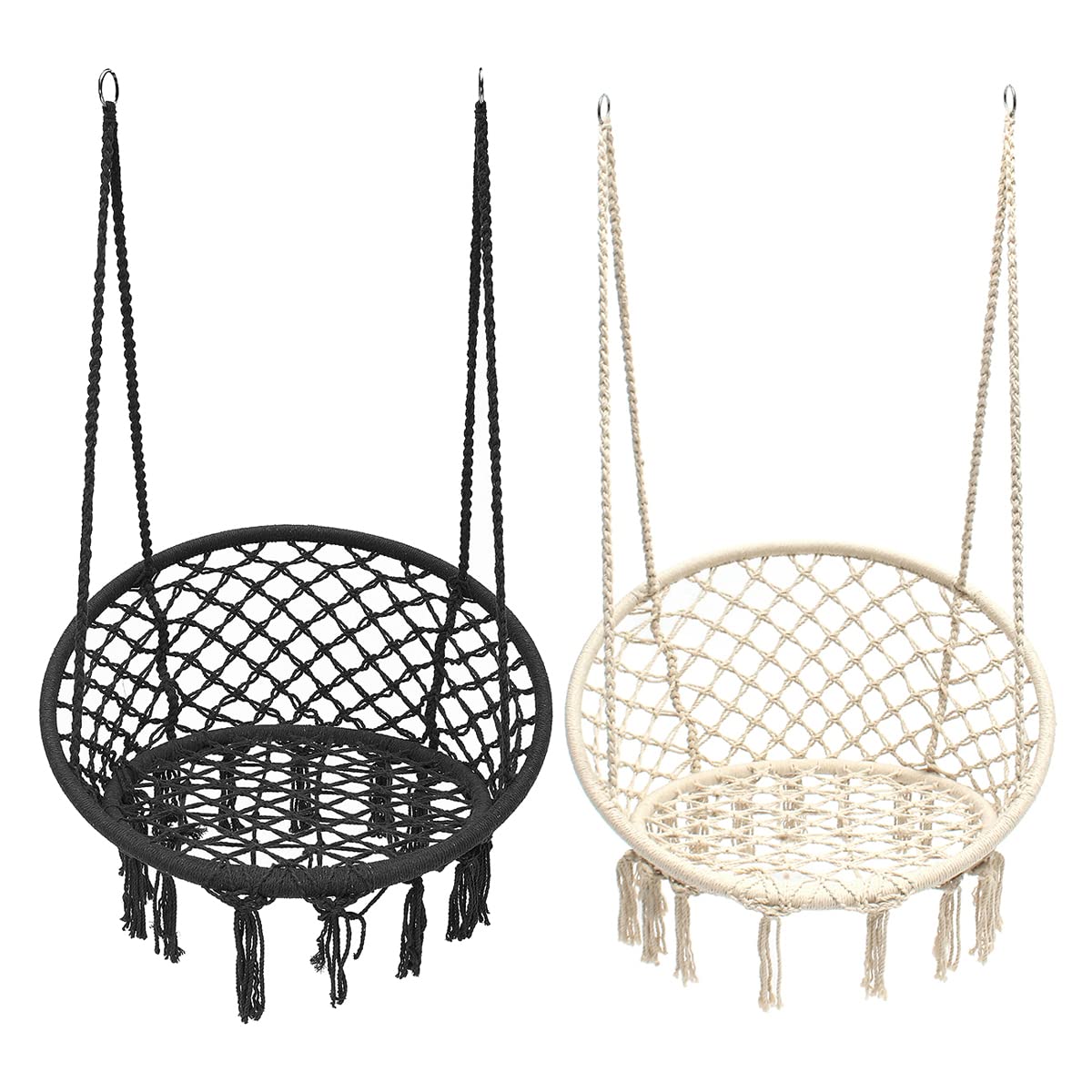 Bohemian Style Macrame Hammock Chair Swing Set of 2 - Handmade Knitted Cotton Rope Hanging Chair with Tassels for Indoor Outdoor Use (Bedroom, Patio, Garden) - Supports Max 330 lbs - Beige & Black - Perfect for Relaxation, Meditation and Boho Home Decor