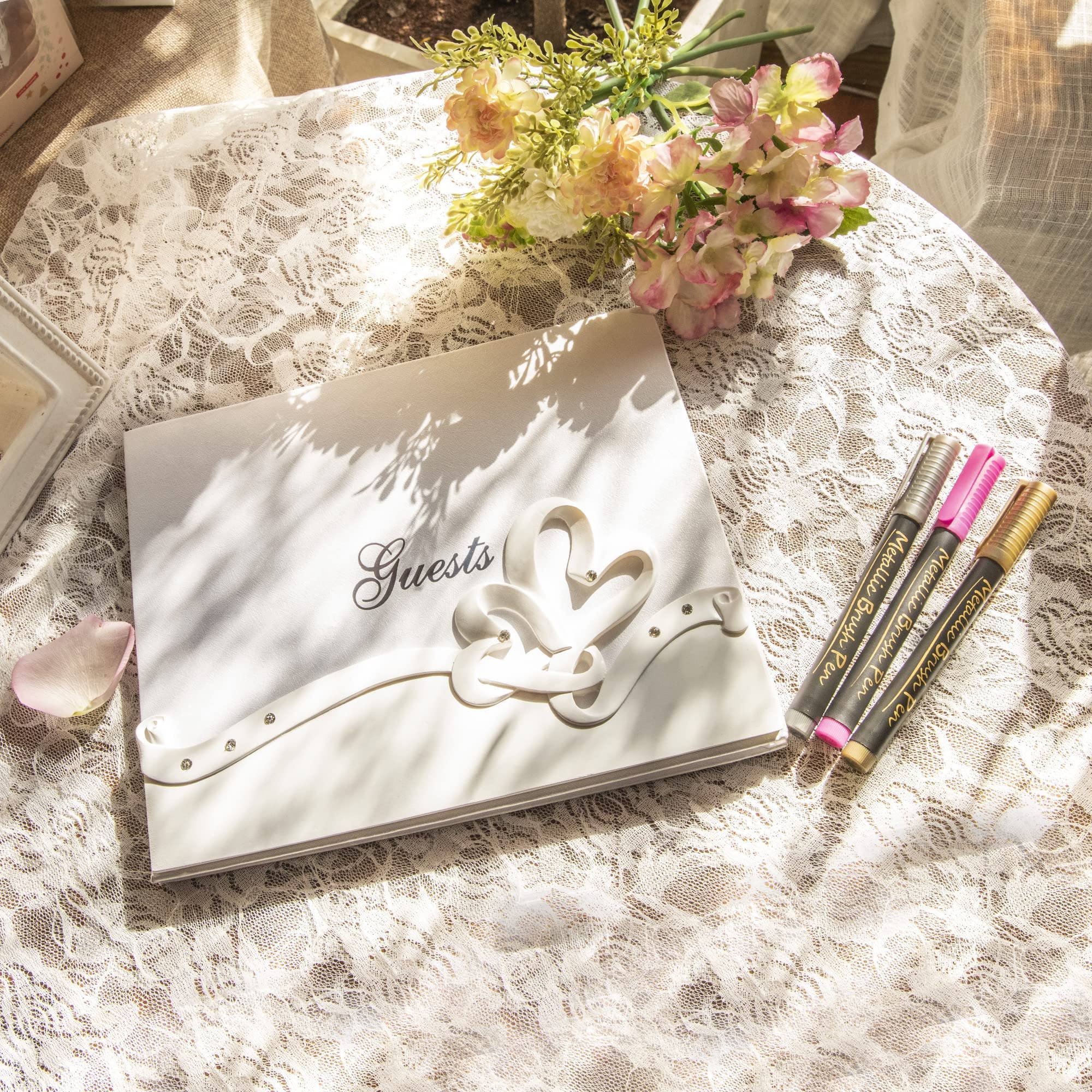 Elegant Wedding Guest Book with 3 Metallic Pens - Hardcover Guest Book for Wedding Reception, Polaroid Photo Guest Book Sign in - 9.8” x 7.9”, 96 Pages - Perfect for Wedding, Anniversary, and Bridal Shower Guest Signatures