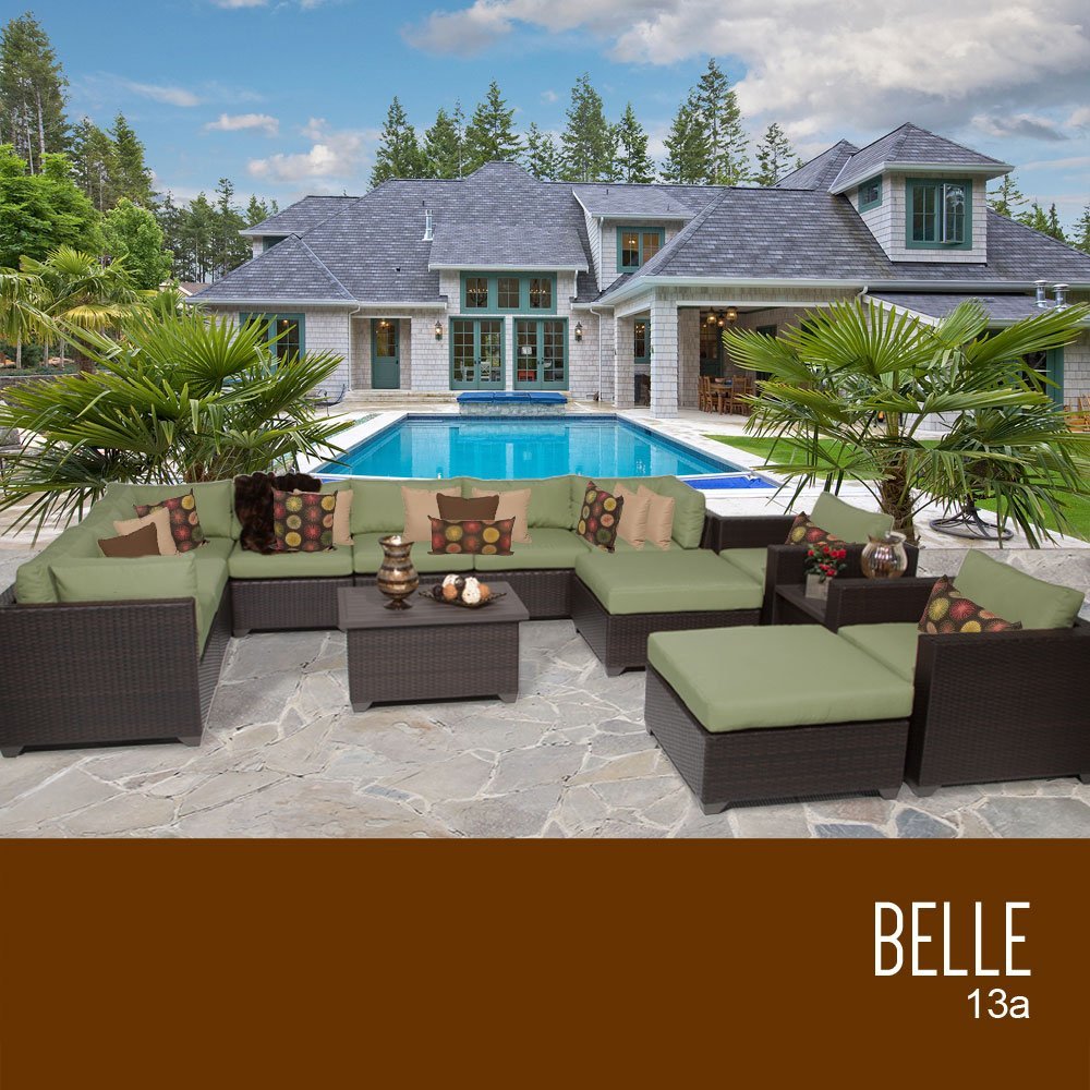 TK Classics 13-Piece Belle Outdoor Wicker Patio Furniture Set in Cilantro Green - Perfect for Garden, Poolside & Backyard Relaxation