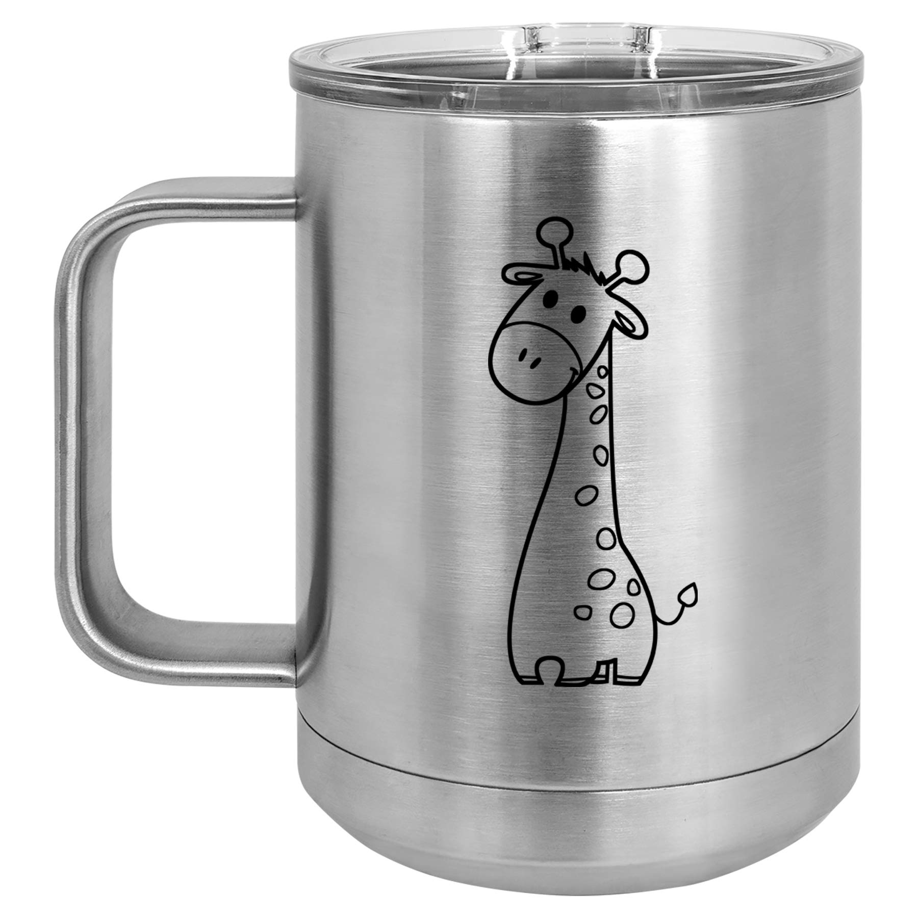 15 oz Vacuum Insulated Stainless Steel Tumbler with Handle & Lid - Cute Giraffe Design (Silver) | Leakproof Travel Coffee Mug for Hot & Cold Drinks | Perfect for Office, Commuting, Camping & Outdoor Activities