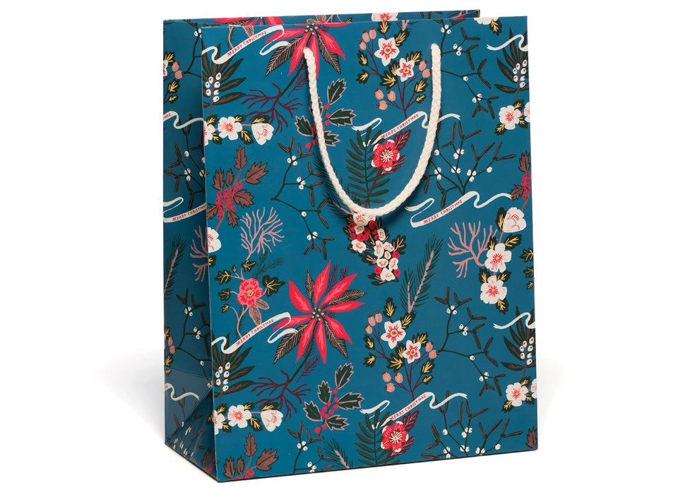 Blue Poinsettia Holiday Gift Bags - Christmas Party Favors, Festive Present Wrapping, Xmas Decorations & Gift Giving