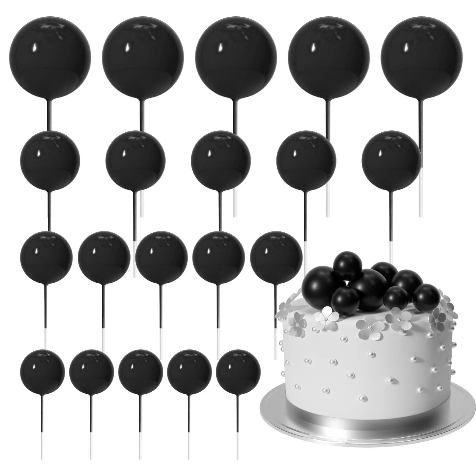 ASTARON 20 Pcs Black Ball Cake Toppers - Mini Balloon Cake Decorations with Sticks for Birthday Party, Wedding & Dessert Decoration - Perfect for Cupcakes, Cakes & Sweet Treats