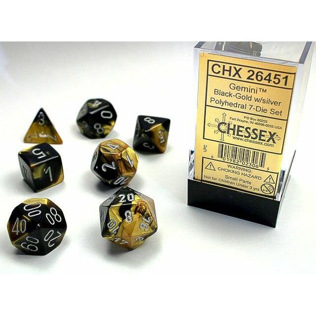 7-Piece Gemini Dice Set for D&D & RPG Games - Black/Gold & Silver Dice with Elegant Design - Perfect for Tabletop Gaming, Collectors & Gift Giving