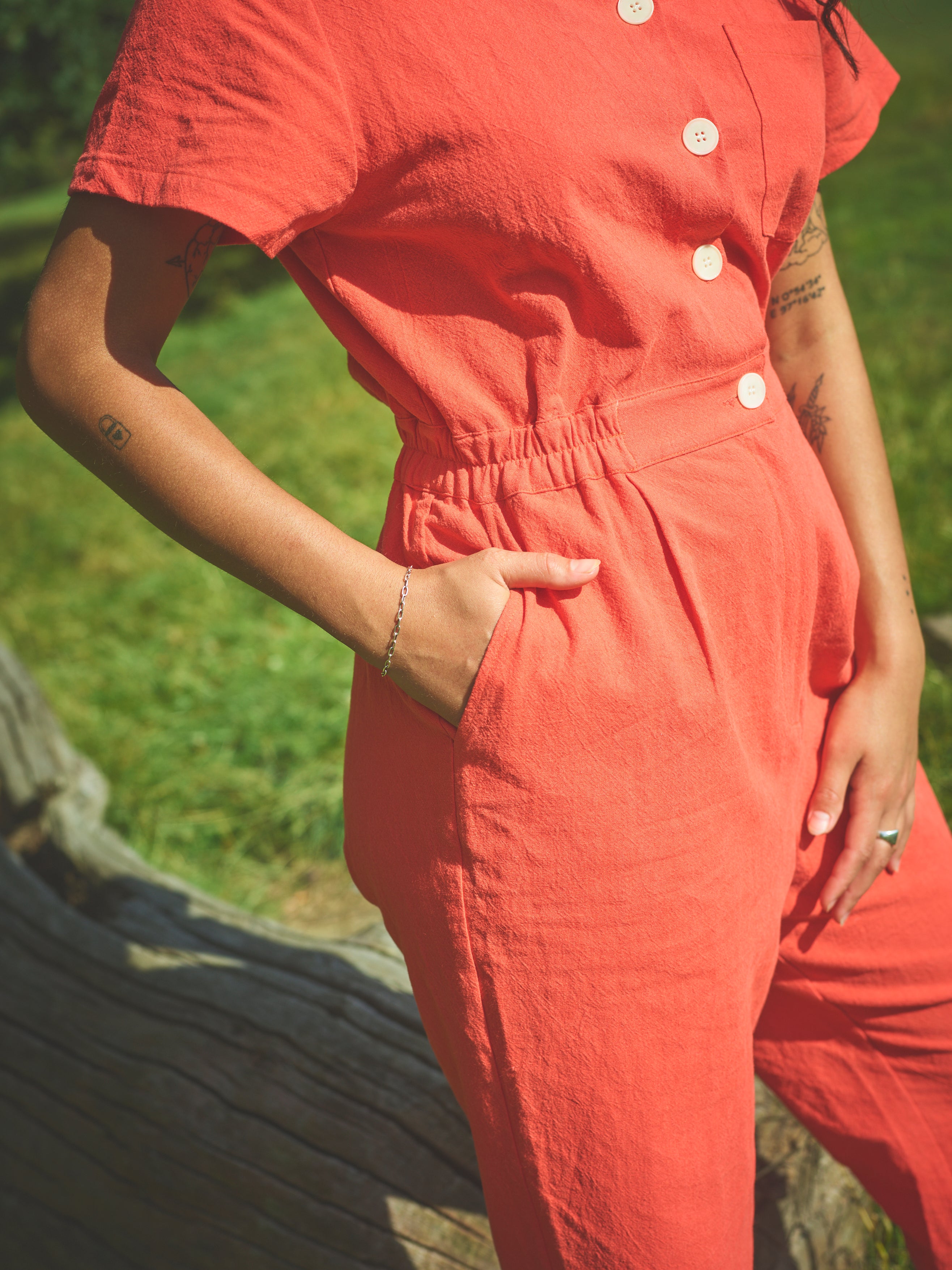 Lowie Women's Cotton Linen Jumpsuit - Comfortable Romper with Pockets | Perfect for Gardening, Casual Outings & Summer Wear