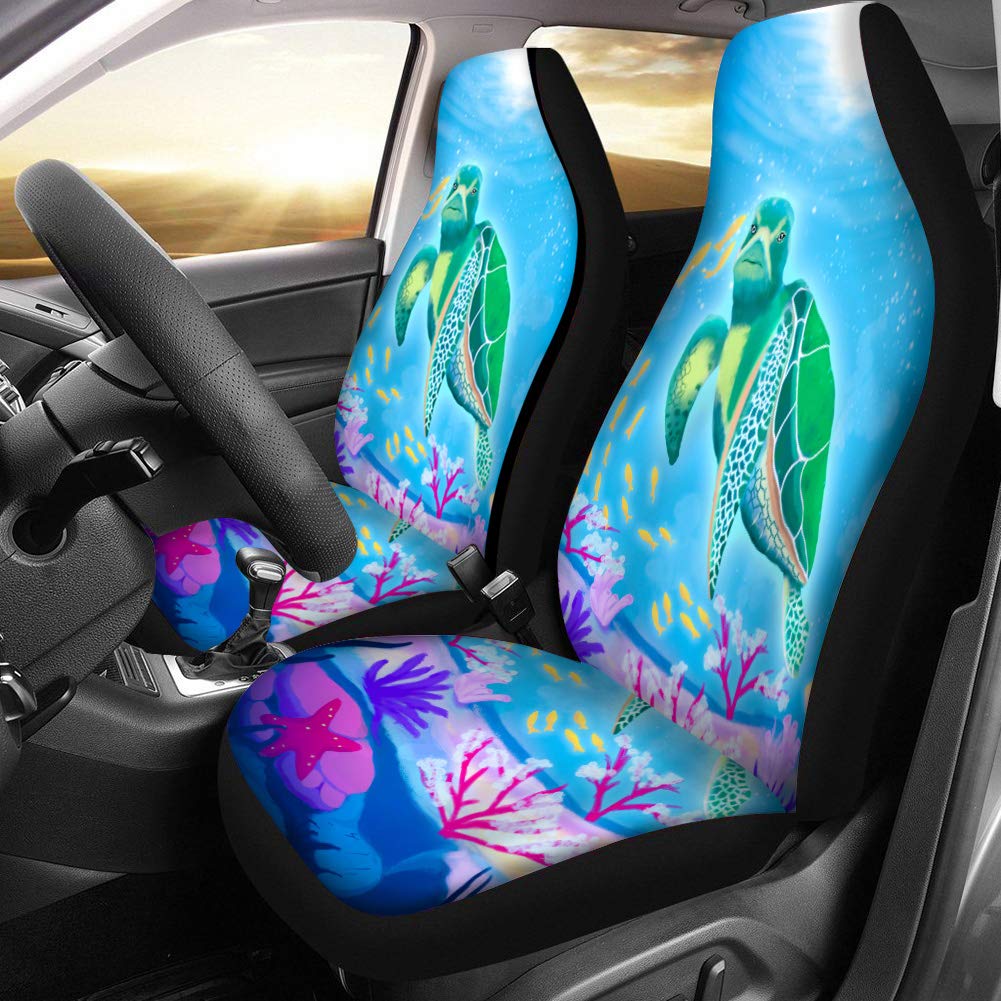 Universal Turtle Print Car Seat Protectors (2-Pack) - Front Bucket Seat Covers for Cars & Vans - Waterproof & Durable