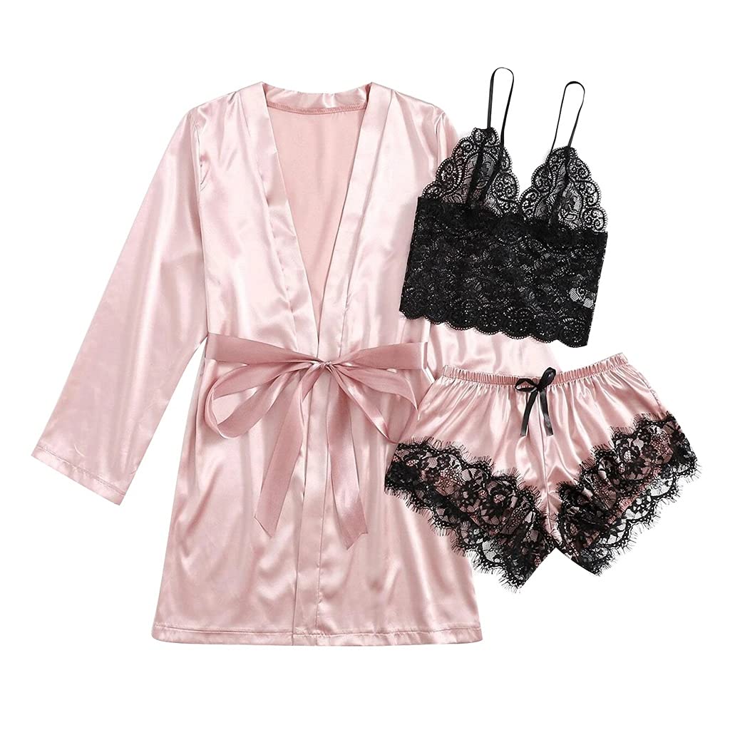 JJSPP Women's Plus Size Satin Silk Pajama Set - Sexy Sleepwear Nightwear with Robe & Underwear (Pink, XL) for Comfortable Lounge Wear, Valentine's Gift & Boudoir Photography