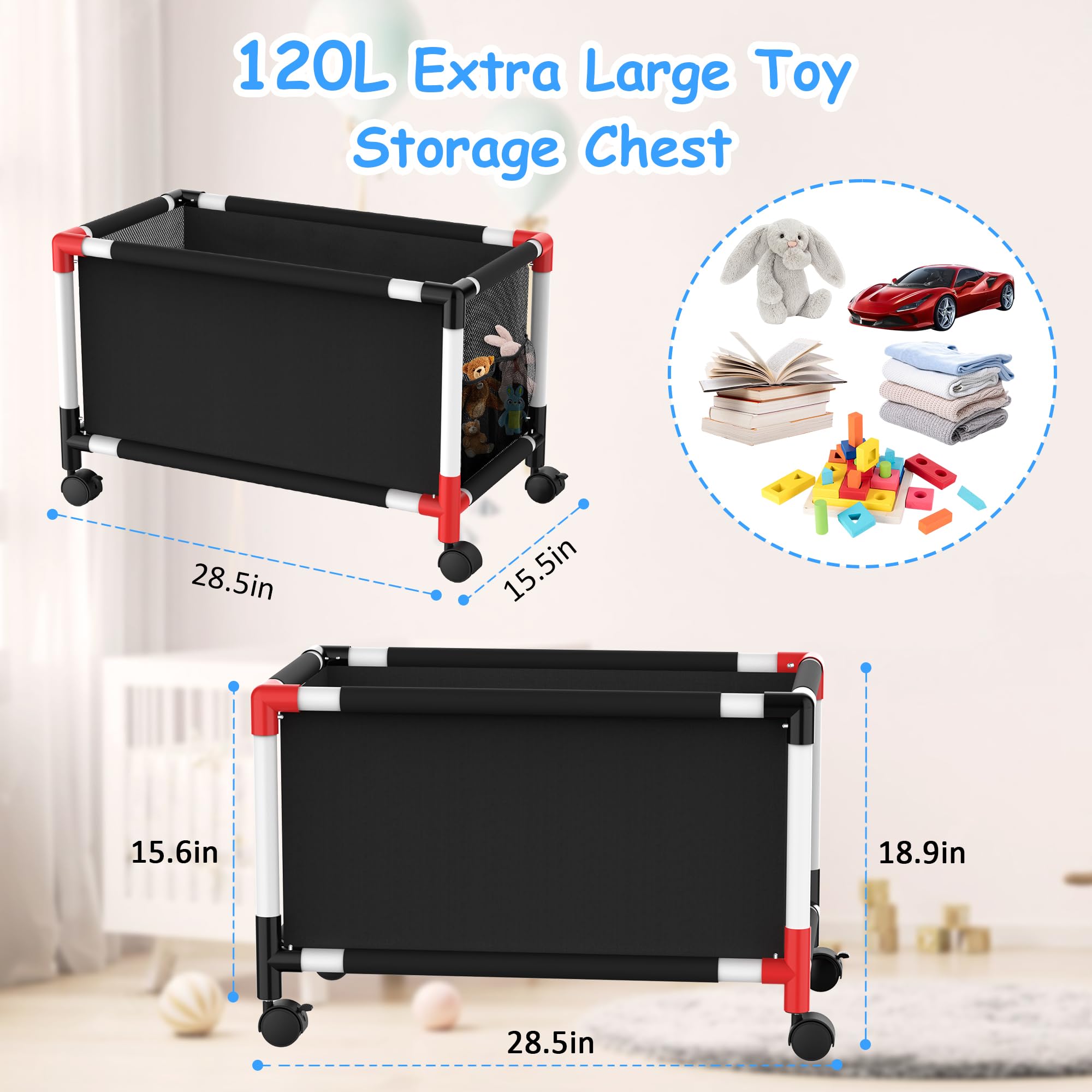 Extra Large Toy Storage Box with 360° Wheels - 120L Kids Toy Organizer Chest for Boys & Girls - Durable Oxford Fabric & Mesh Toy Box for Bedroom, Livingroom, Playroom - 28.4 x 15.4 x 19 Inches - Perfect for Organizing Stuffed Animals, LEGOs, Dolls & Kids Toys