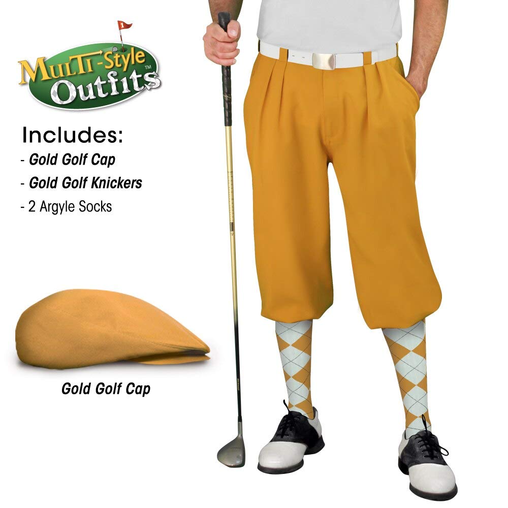 Men's Stylish Gold Golf Outfit Set - Matching Knickers, Cap & 2 Over-The-Calf Socks for Comfortable Golfing & Casual Wear