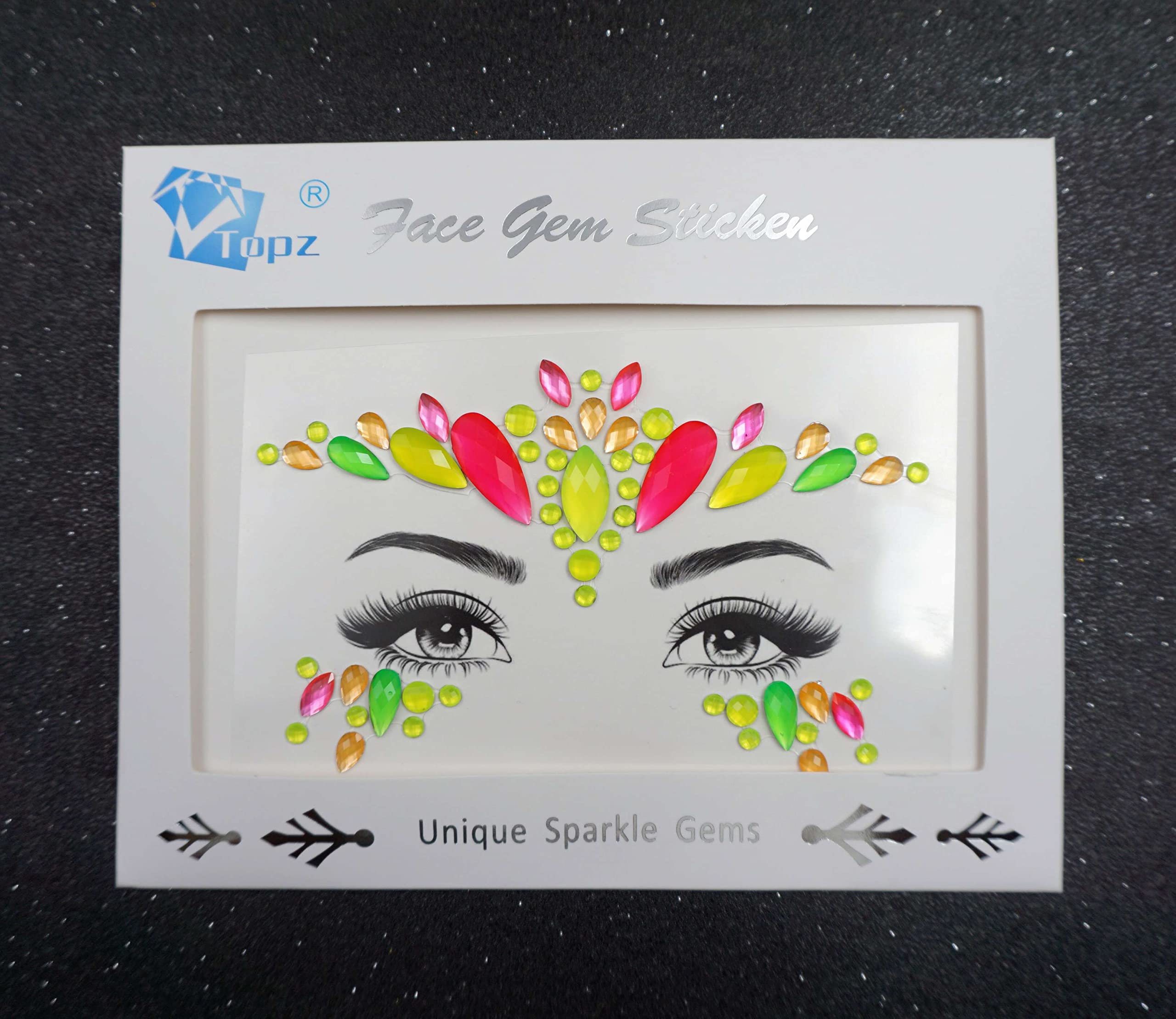 Topz Neon Face Jewels & Body Gems - Rainbow Crystal Rhinestone Stickers for Christmas Makeup, Festival Glitter & Temporary Tattoos | Perfect for Raves, Concerts, Halloween & Costume Parties