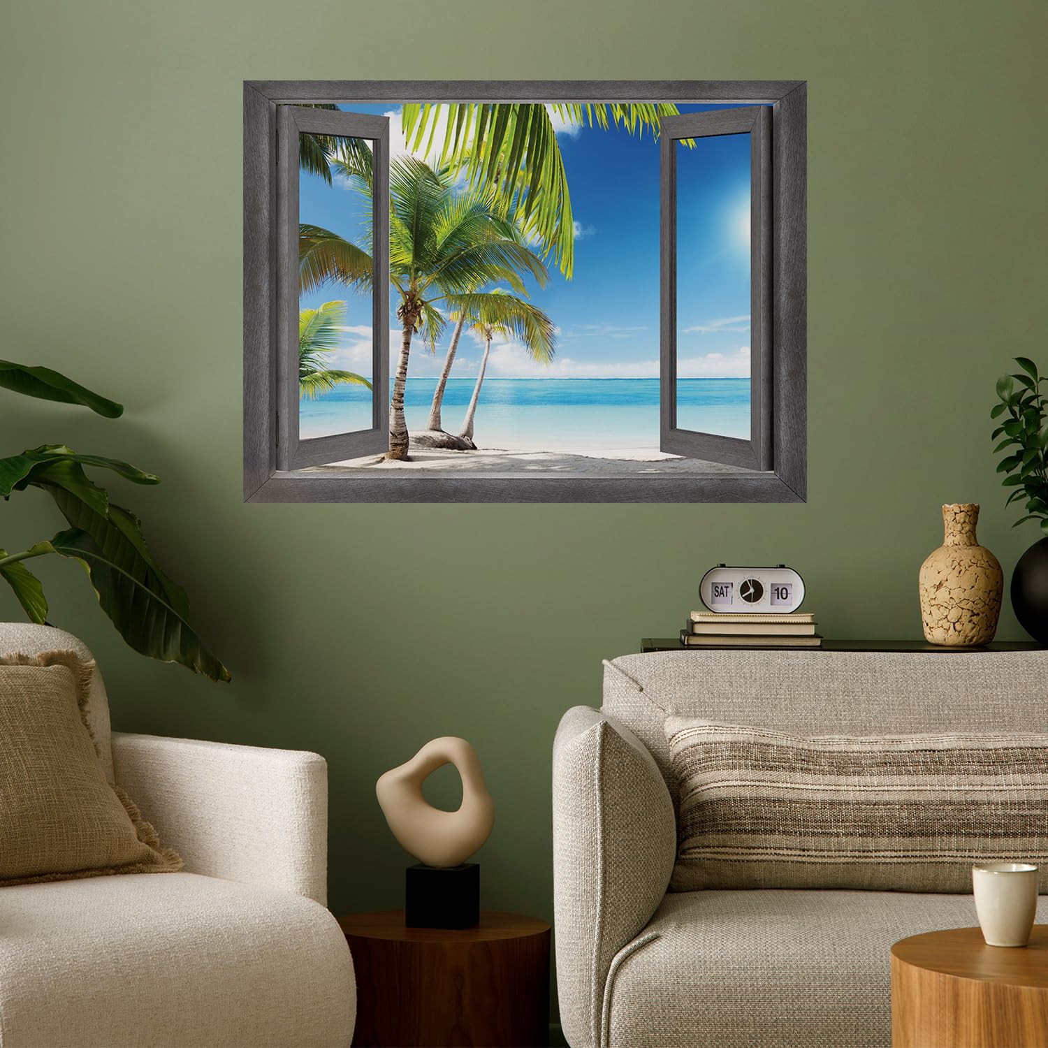 Wall26 - Open Window Tropical Palm Tree Paradise Wall Mural - Removable Peel & Stick Wall Decal - 36x48 Inches Home Decor - Perfect for Living Room, Bedroom, Office & Nursery Wall Art