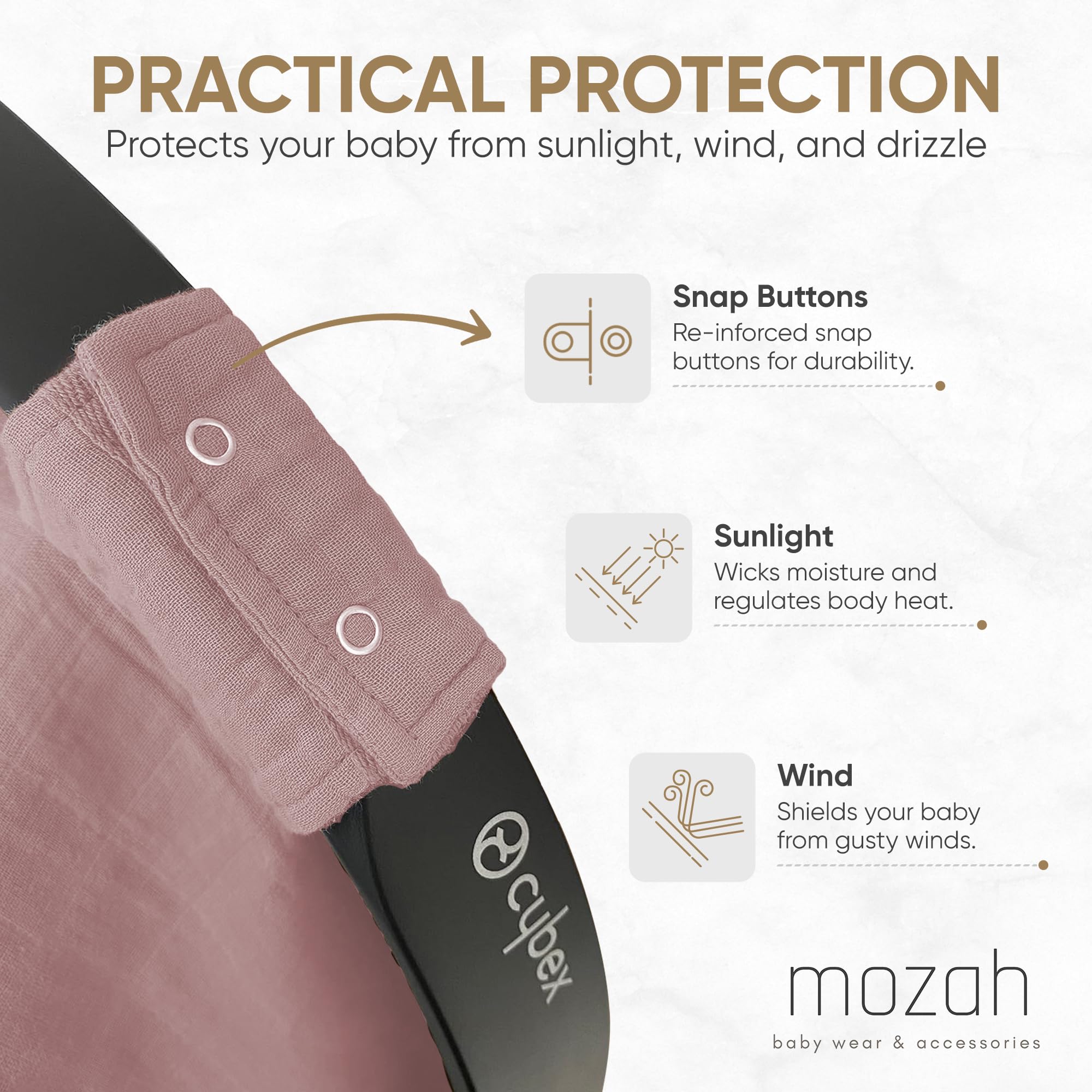 MOZAH 100% Organic Muslin Baby Car Seat Cover - Breathable, Soft & Lightweight Car Seat Canopy for Infant Girls (Pale Mauve) | Perfect for Strollers, Shopping Carts & Outdoor Protection