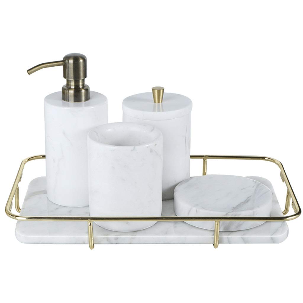Premium 4-Piece Marble Soap Dispenser Set - Natural Stone Bathroom & Kitchen Accessories with Pump, Tumbler, Soap Dish & Cotton Jar Tray (White & Green) - Elegant Countertop Organizer for Modern Homes