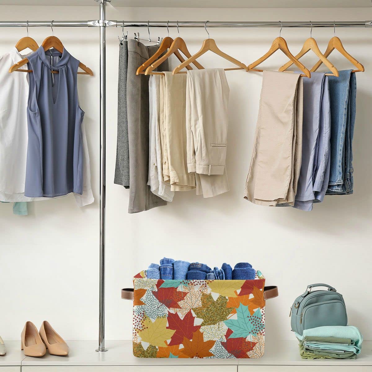 Foldable Fabric Storage Bin - 16x12x8 Inch Laundry Basket, Organizer for Baby Clothes, Dog Toys & Books | Autumn Maple Leaf Design | Perfect for Shelves, Closets & Home Organization | Durable Storage Solution for Seasonal Decor & Household Items