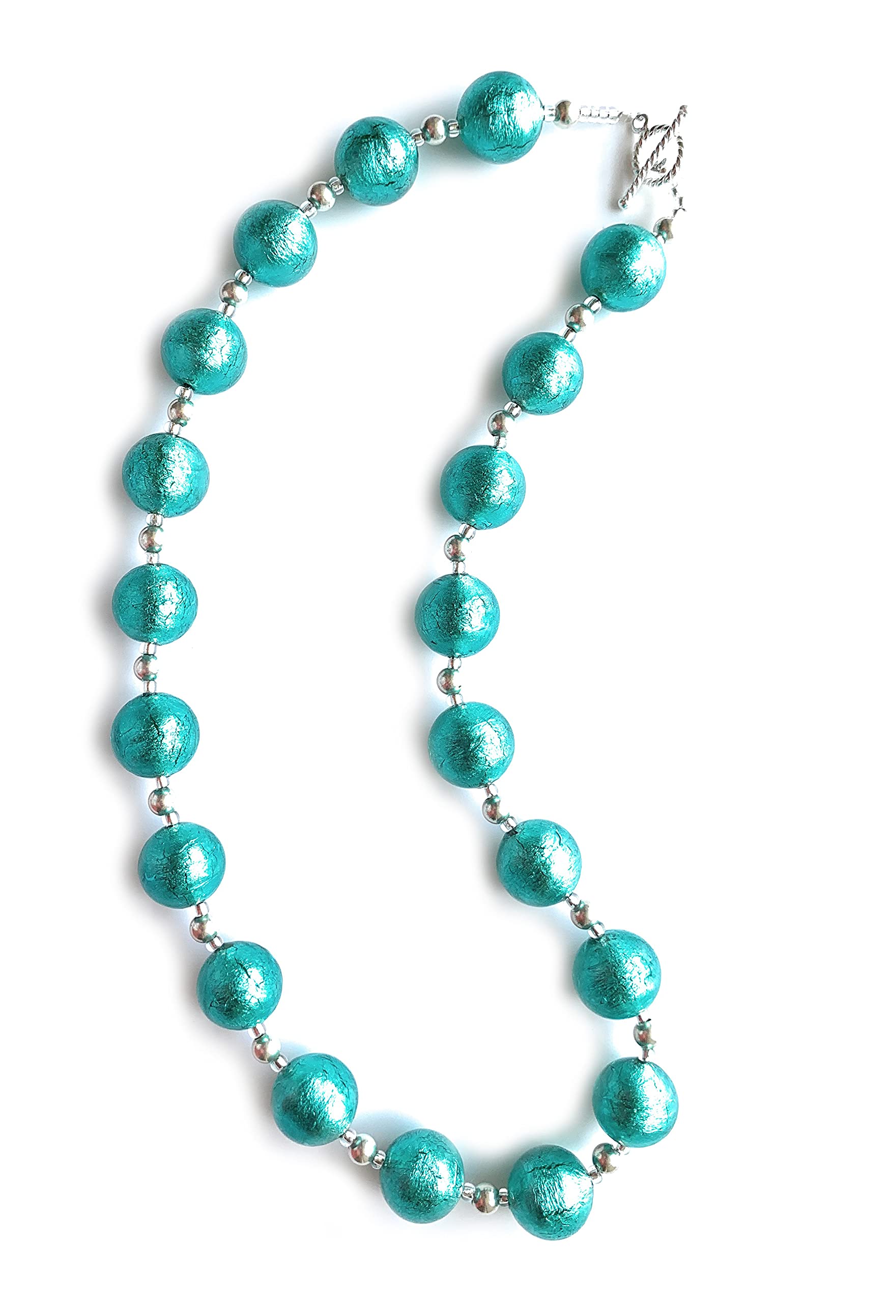 Diana Ingram Teal Murano Glass Beaded Necklace - Sterling Silver Beads & Clasp | Elegant Jewelry for Women, Perfect for Parties, Weddings & Special Occasions