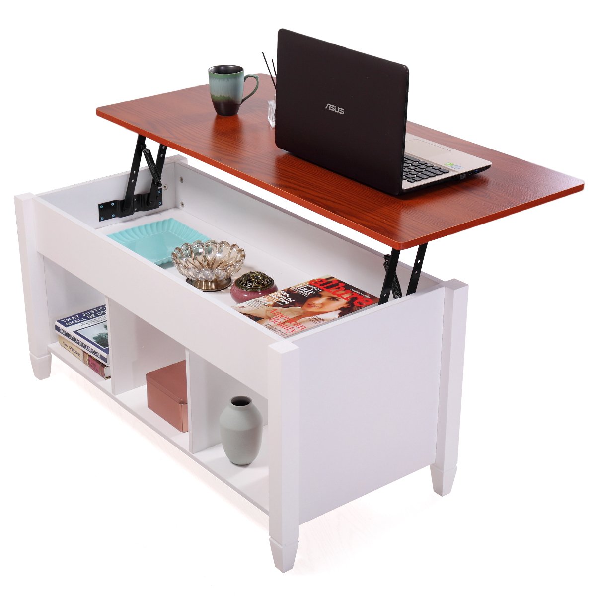 Lift Top Coffee Table with Storage Compartment - Solid Wood Laptop Desk for Home Office, Living Room & Bedroom - Multi-Functional Lift Top Table for Work, Study & Dining