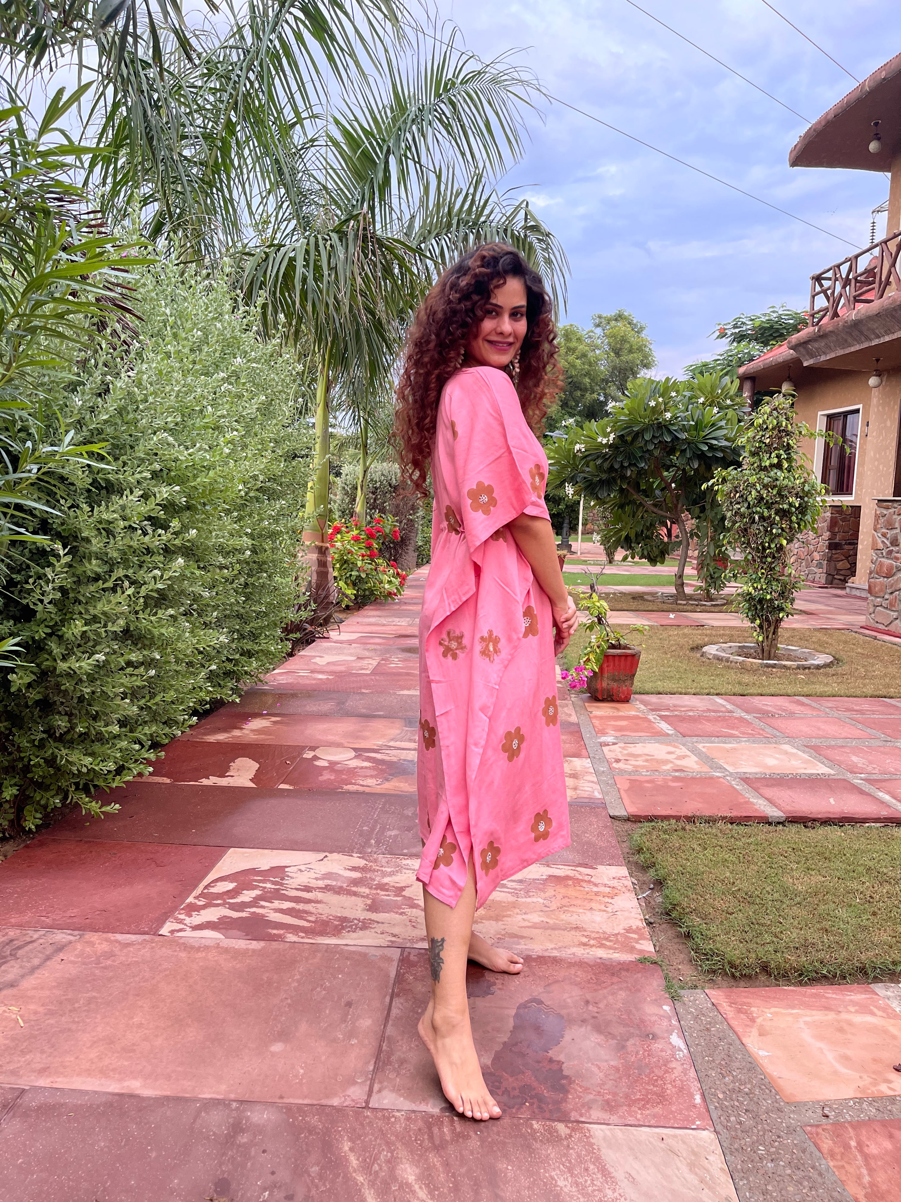 Elegant Pink Kaftan Dress for Women - Boho Chic Summer Beach Cover Up & Lounge Wear - Perfect for Vacations, Pool Parties, and Resort Getaways