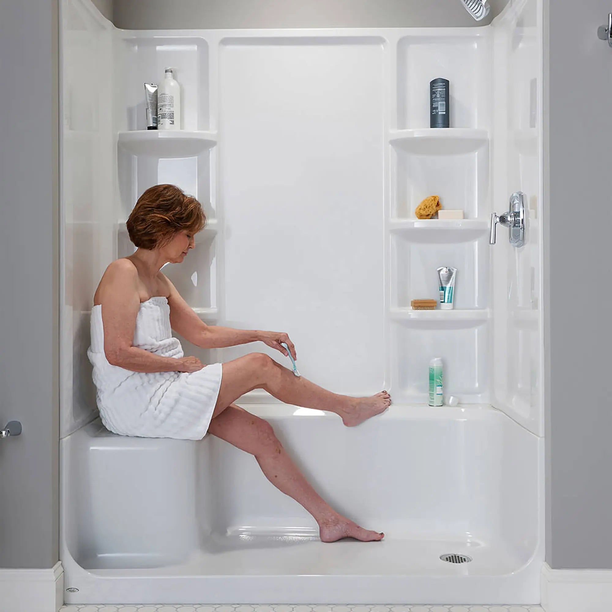 Elevate Seated Shower Base with Right Hand Outlet - ADA Compliant Walk-In Bathtub Replacement for Elderly & Disabled - Safe Bathing Solution for Seniors with Mobility Issues (White)