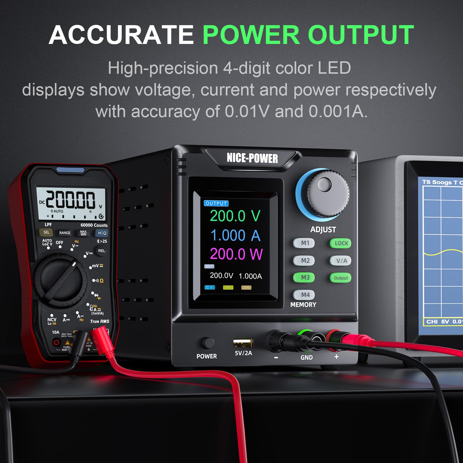 NICE-POWER Adjustable DC Power Supply 0-200V 0-1A, High Precision Variable Voltage & Current Bench Power Supply with Memory Function, Encoder Knob & Lock Button - Ideal for Electronics Lab, Circuit Testing & DIY Projects