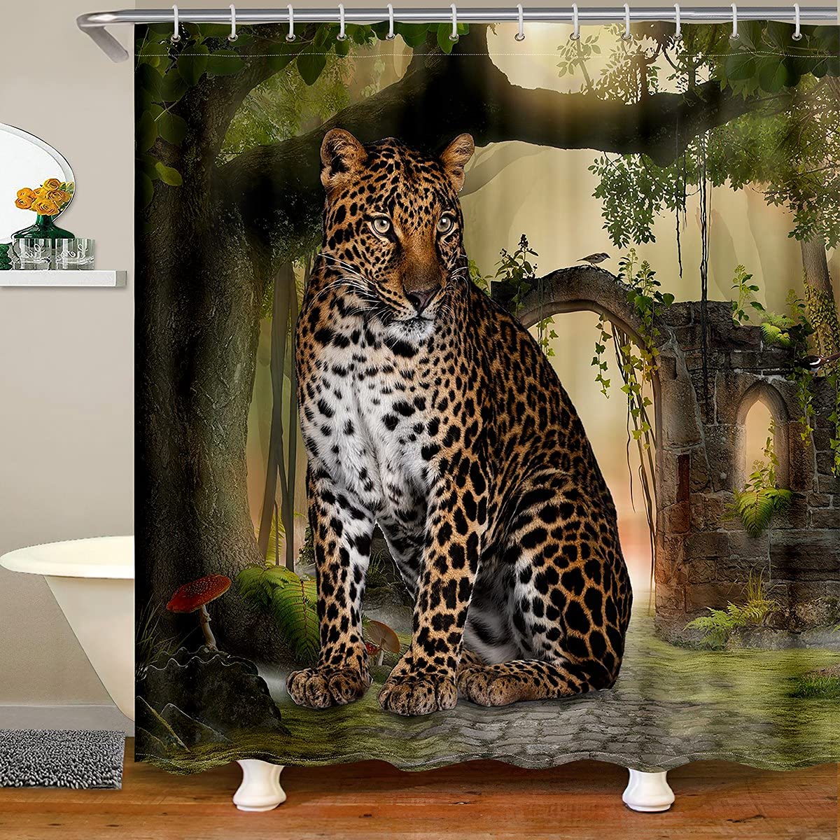 Leopard Print Bath Curtain 72x78 Inches - Waterproof Cheetah Pattern Shower Curtain for Bathroom, African Safari Animal Theme with Tropical Trees Design - Perfect for Kids, Teens & Adults - Ideal for Bathtubs, Shower Stalls & Jungle-Themed Decor