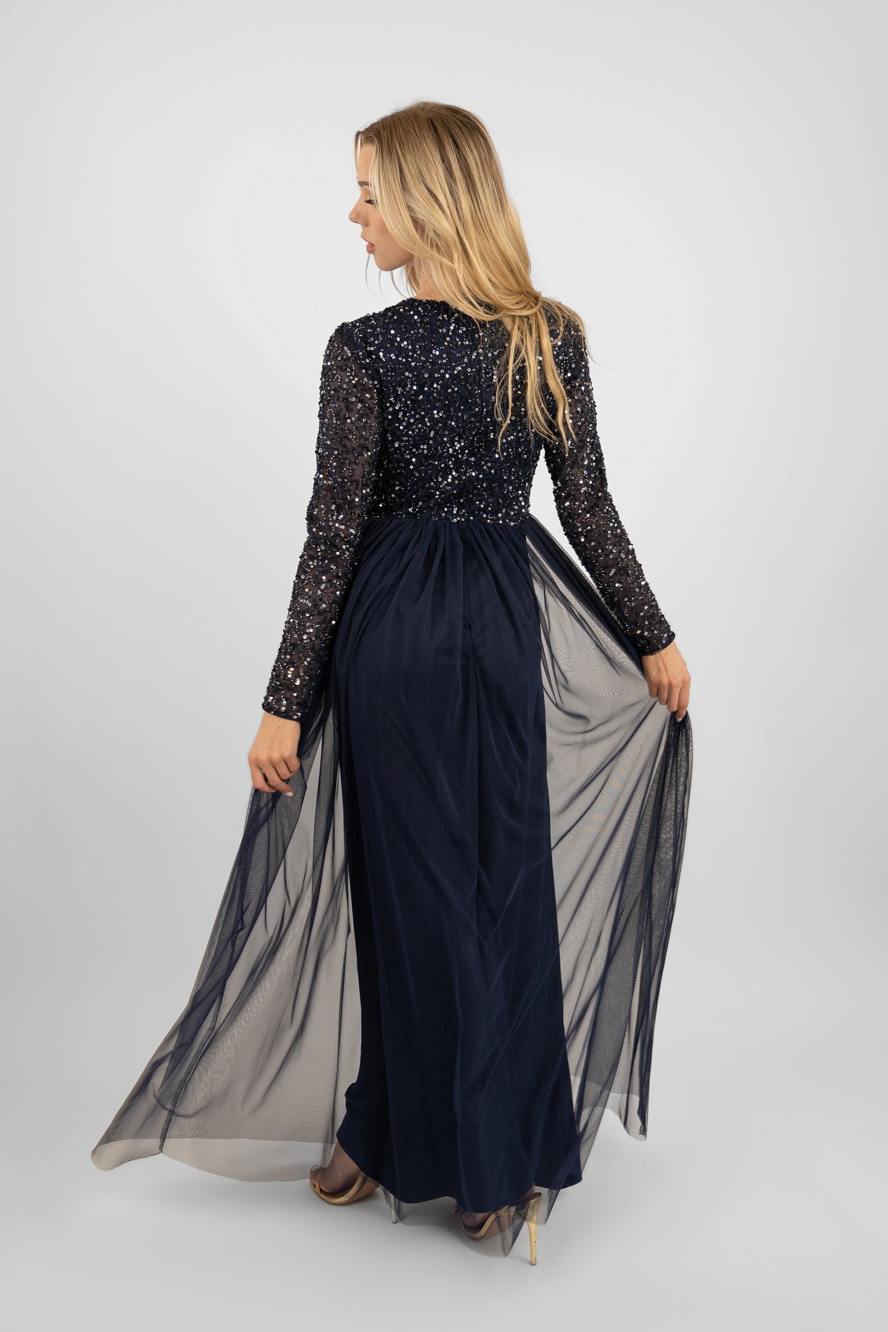 Elegant Navy Blue Long Sleeve Bridesmaid Dress for Weddings - Formal Evening Gowns for Bridal Party, Prom & Special Occasions