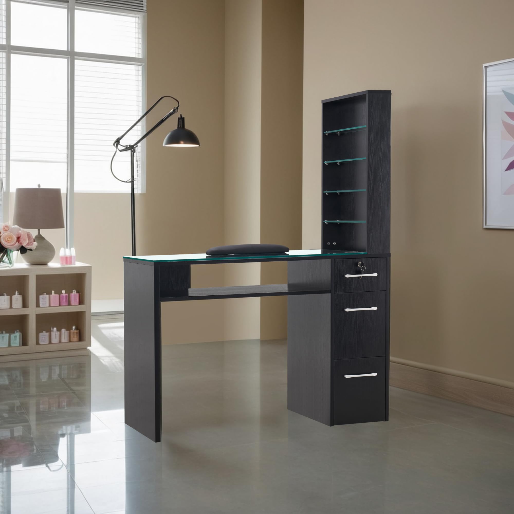 Professional BarberPub Manicure Table with 3 Drawers & Storage Shelves - Black Spa Beauty Salon Station Nail Desk 2673 - Perfect for Nail Salons, Home Studios & Professional Barber Shops
