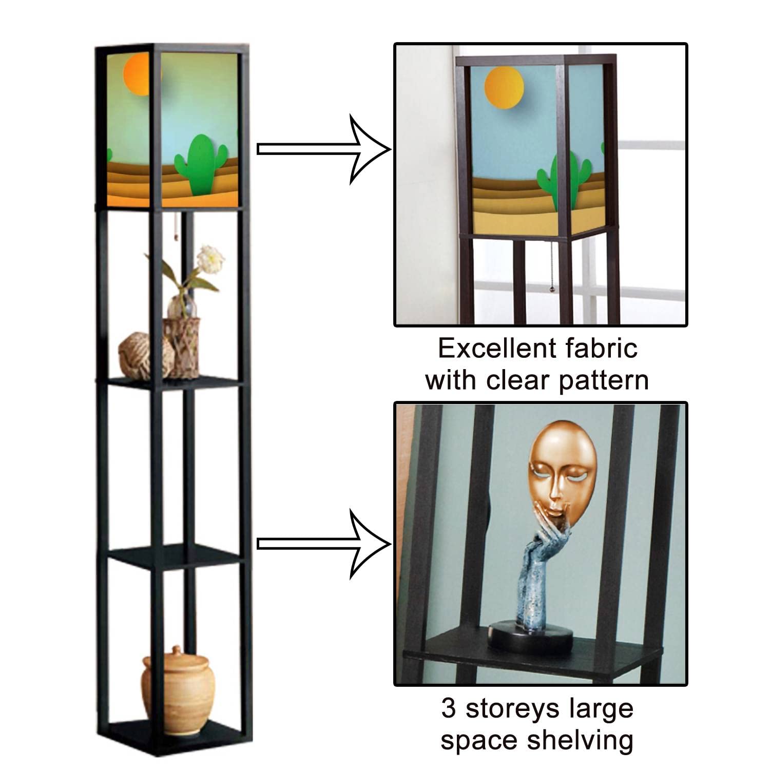 Desert Landscape with Cactus Standing Floor Lamp with Shelves & Flaxen Fabric Shade - Tall Corner Lamp for Living Room, Bedroom Decor | Perfect for Southwest Style Homes, Reading Nooks & Cozy Spaces