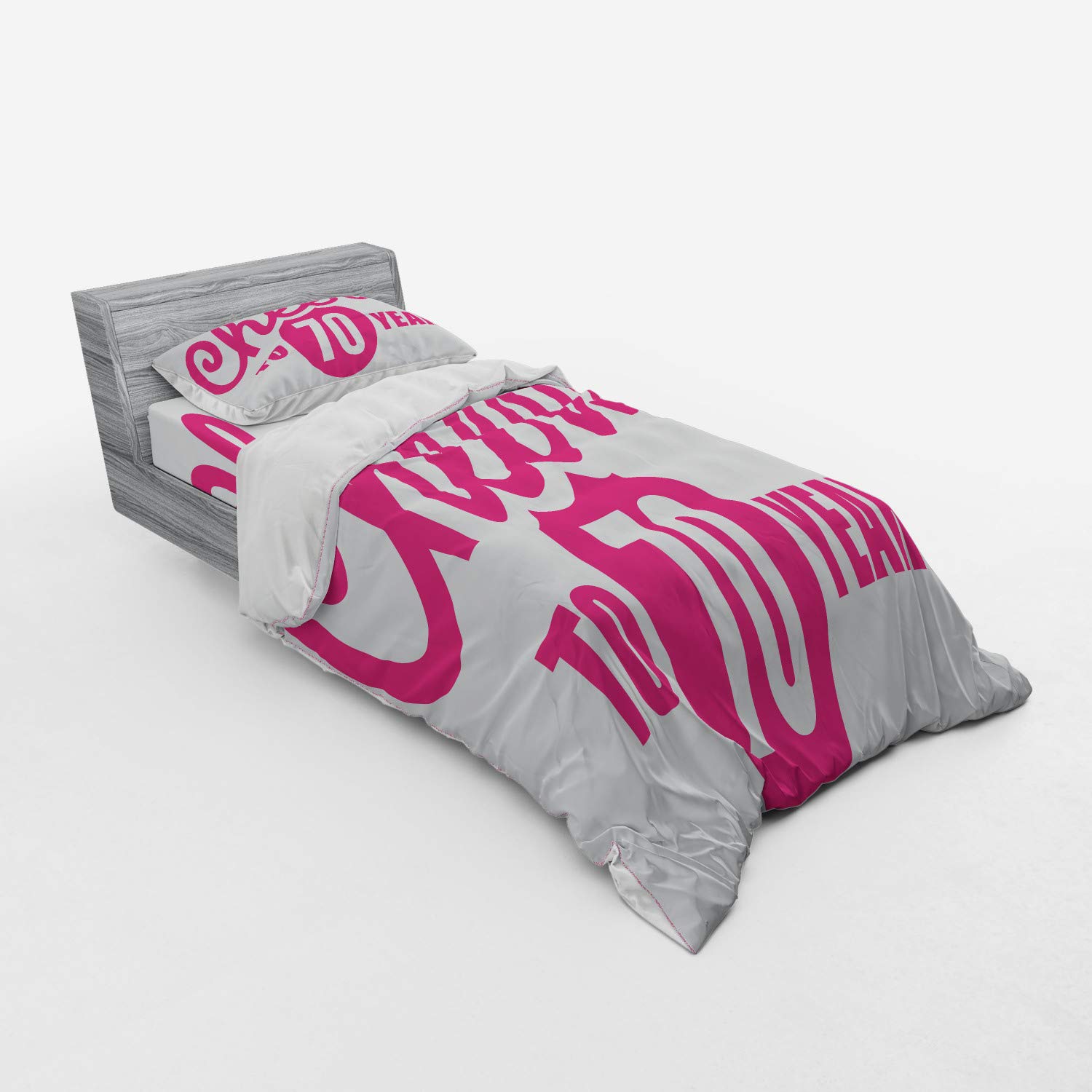 Ambesonne 70th Birthday Bedding Set - Cheers to 70 Years Calligraphy Design, 3-Piece Duvet Cover with Sham & Fitted Sheet, Twin Size in Hot Pink & Black - Perfect for Birthday Parties & Anniversary Celebrations