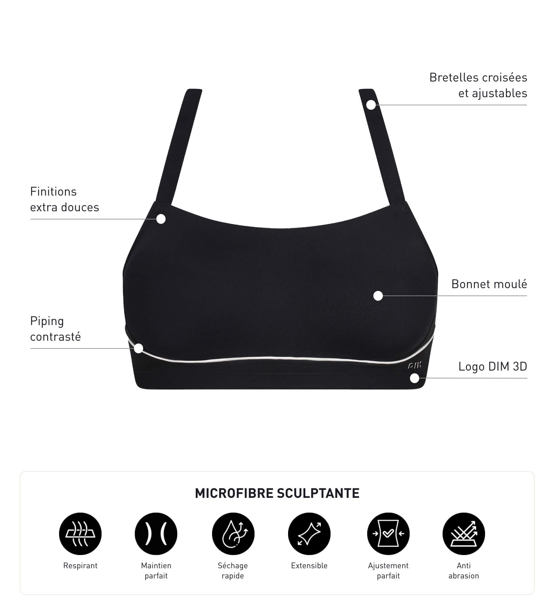 Dim Move Sculpting Black Sports Bra - Breathable Microfiber for Running, Yoga & Gym Workouts