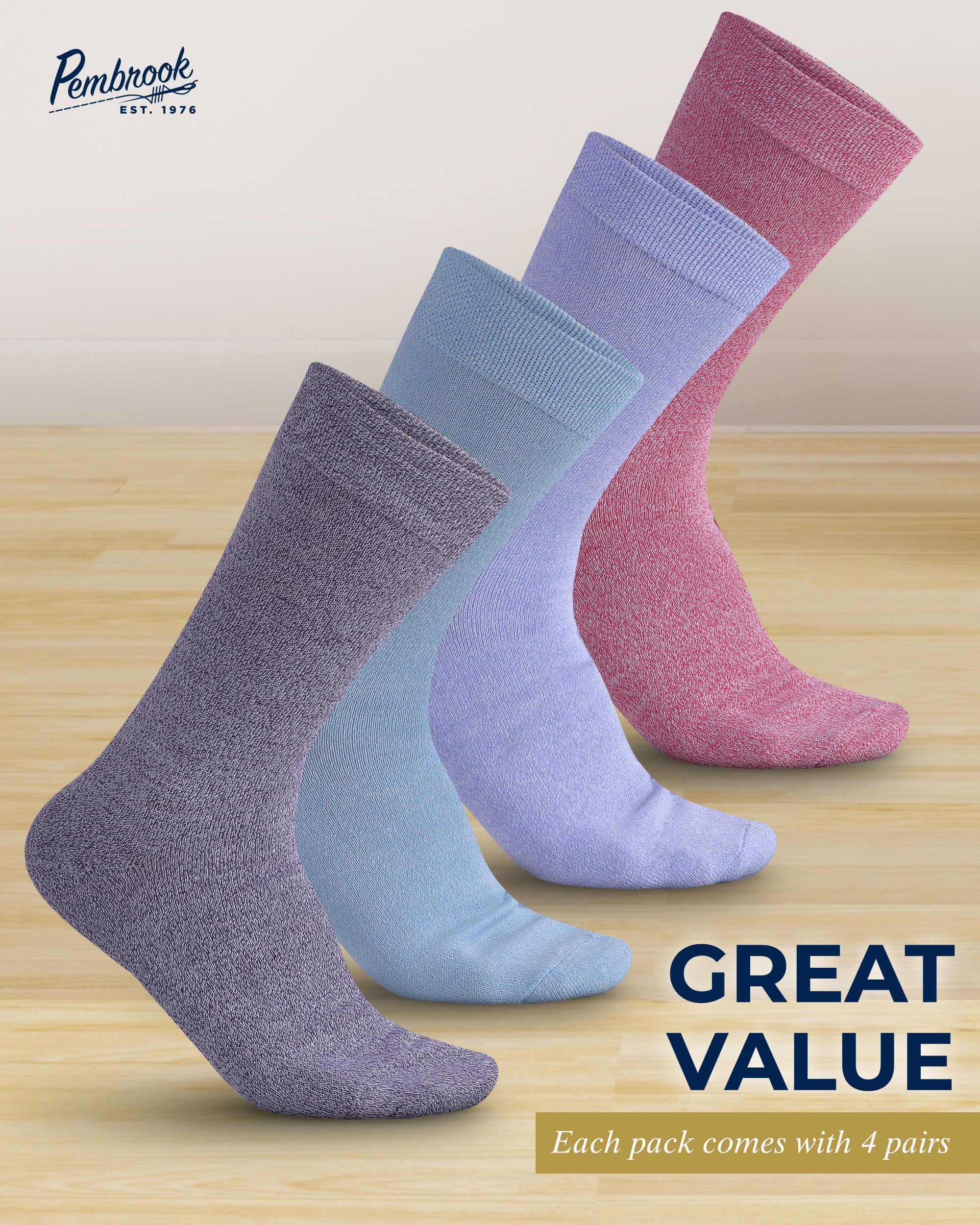 Pembrook Women's Bamboo Viscose Dress Socks - 4 Pairs Moisture-Wicking Thin Crew Socks for Work & Casual Wear | Breathable Comfort for Office, Travel & Daily Use