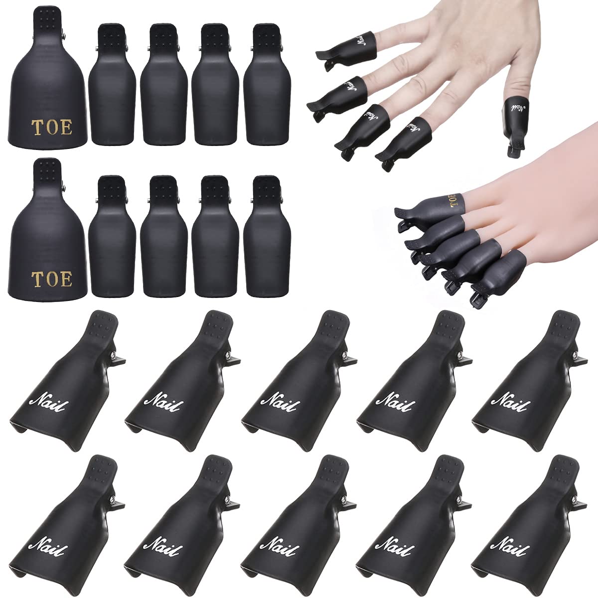 20 PCS Black Nail Polish Remover Clips for Gel & Acrylic Nails - Reusable Finger & Toenail Soak Off Caps for Professional Nail Art Removal at Home or Salon