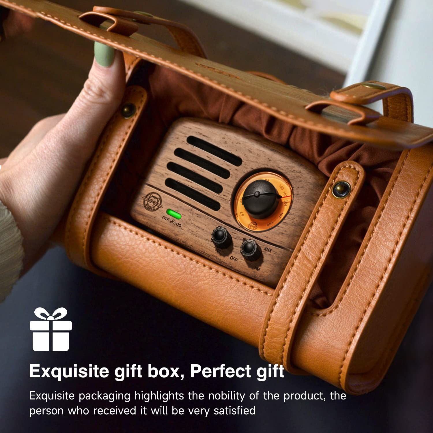 Vintage Muzen OTR Wood Portable Bluetooth Speaker with FM Radio, AUX Input & 10+ Hours Playtime - High Fidelity Stereo Sound, Retro Suitcase Design - Perfect for Home, Office, Picnic, Travel & Gift Giving