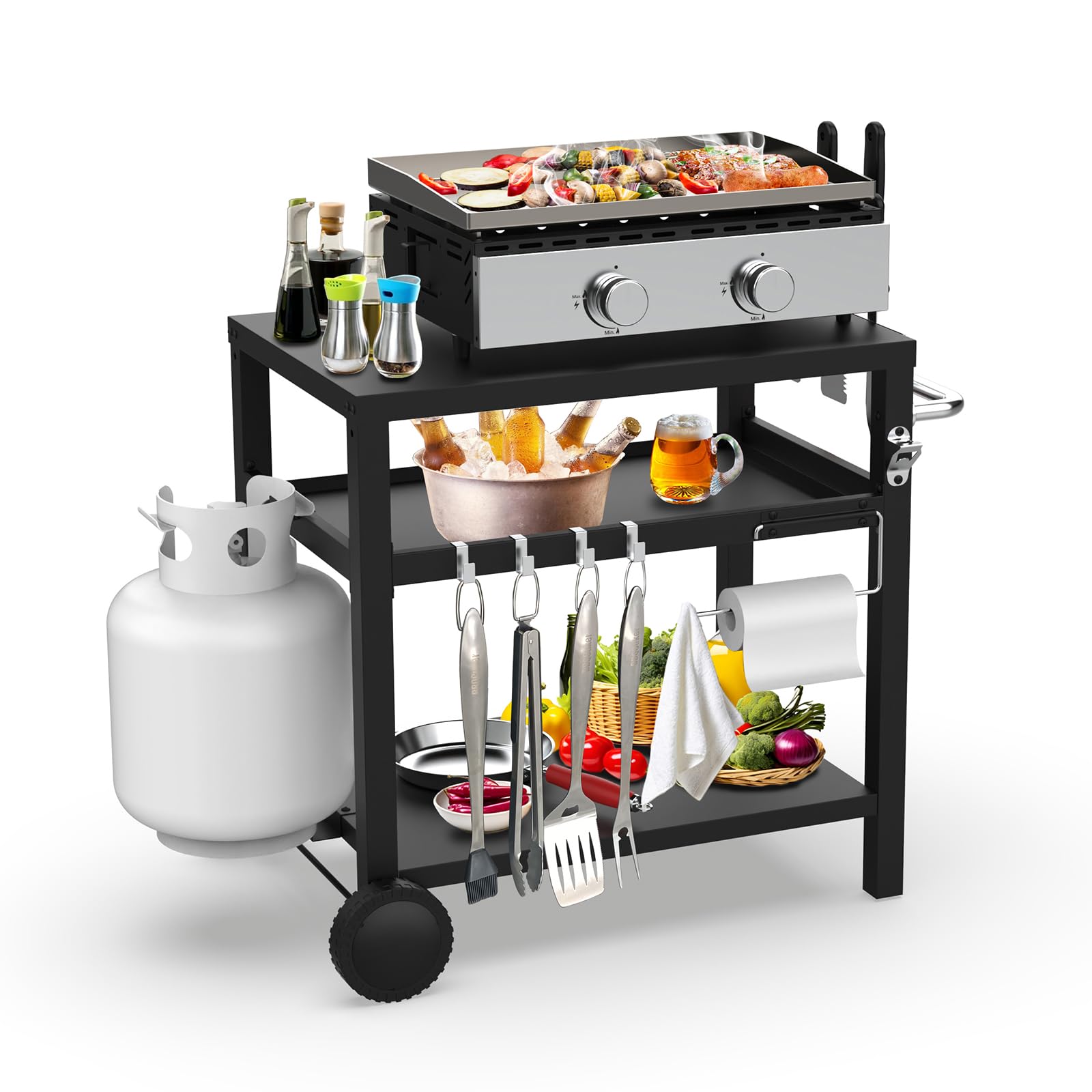 Portable BBQ Grill Cart with 3 Shelves - Outdoor Patio Kitchen Cooking & Camping Grill Stand with Wheels, Hooks, Towel Holder & Bottle Opener - Easy Assembly (29.5 x 19.6 x 29.7 Inches) - Perfect for Picnics, Backyard BBQs, Tailgating & Camping Trips