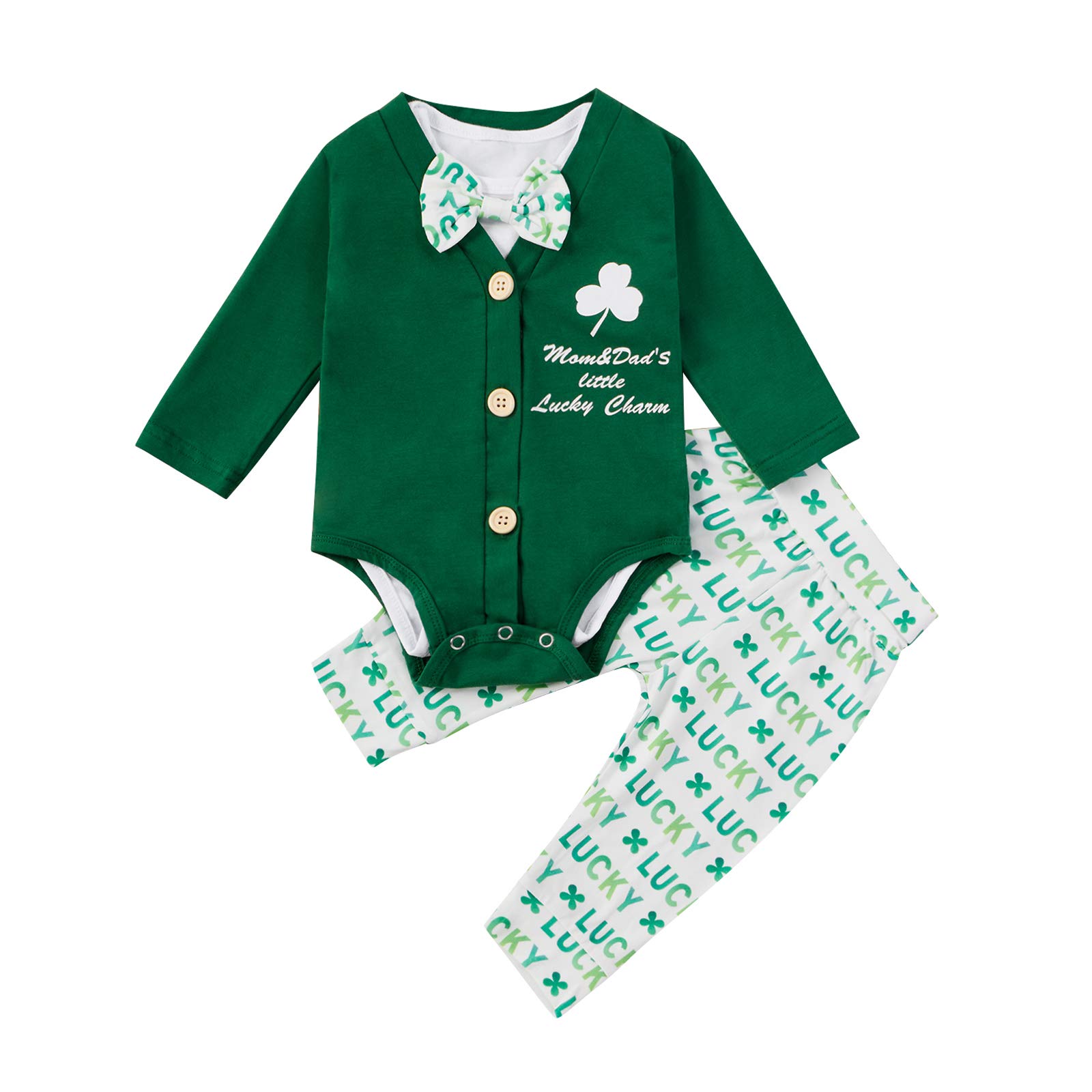 3Pcs Newborn Baby Boy St. Patrick's Day Outfit Set - Green Bowtie Bodysuit, Button Down Romper & Heart Pants for Easter Photo Shoots, Christening & Special Occasions