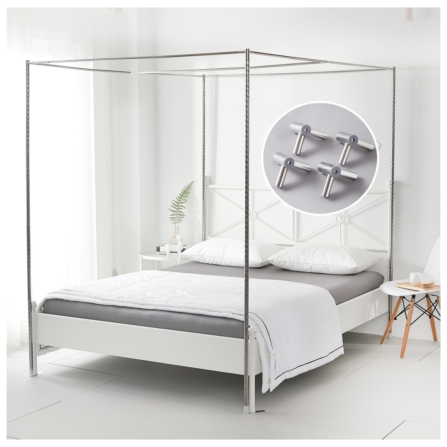 **Stainless Steel Canopy Bed Frame with 4 Corner Posts & Mosquito Net - California King/Queen Size - Elegant Bedroom Decor for Romantic & Boho Style**