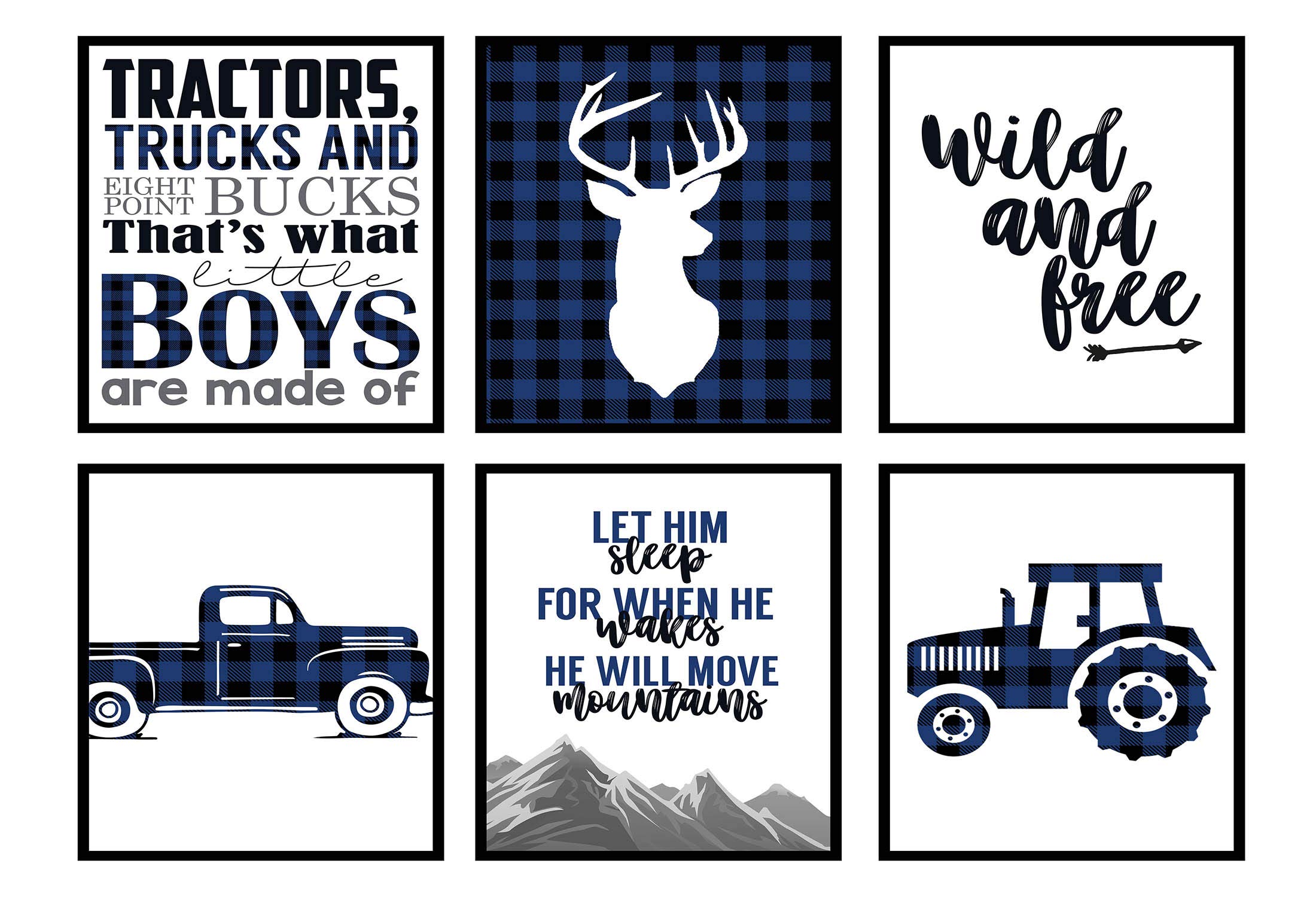 Deer Truck Wall Decor Set - Buffalo Plaid Nursery Art for Kids Hunting Theme