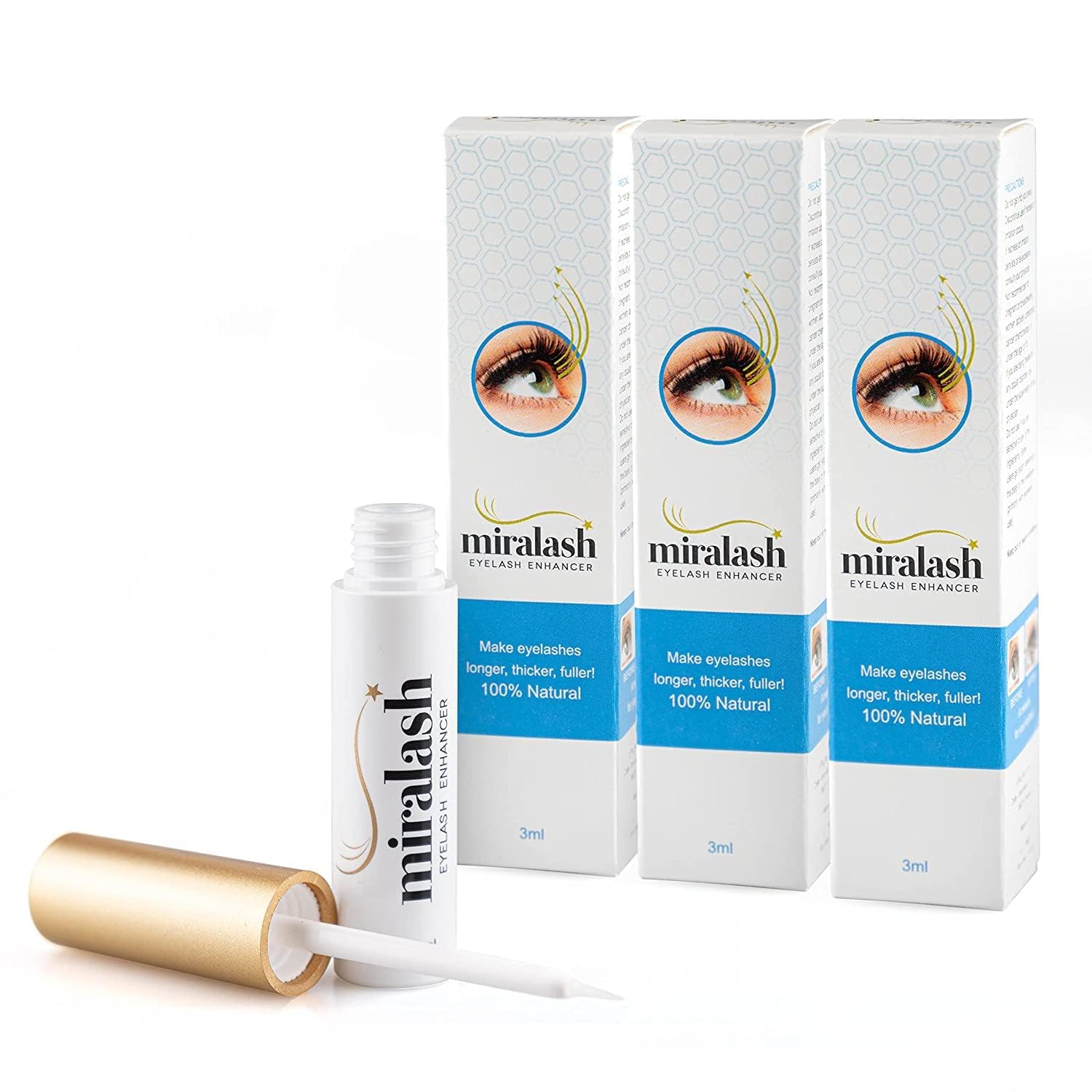 Miralash Eyelash Growth Serum 3x3ml - Natural Ginseng & Nettle Extract Lash Conditioner for Longer, Thicker, Fuller Lashes - Perfect for Nighttime Lash Care & Enhancing Natural Beauty