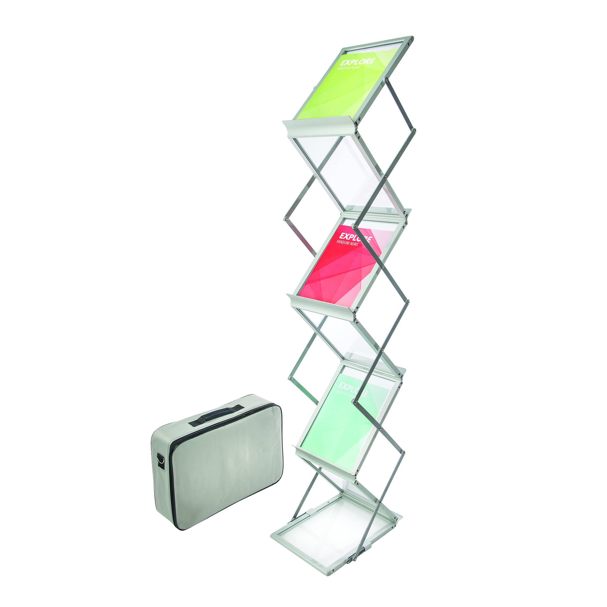 Deflecto Foldable A4 Literature Display Stand - 6 Shelf Portrait Brochure Holder for Exhibitions, Magazines, Flyers - Lightweight Aluminum Frame with Carry Bag | Perfect for Trade Shows, Retail Displays & Office Organization