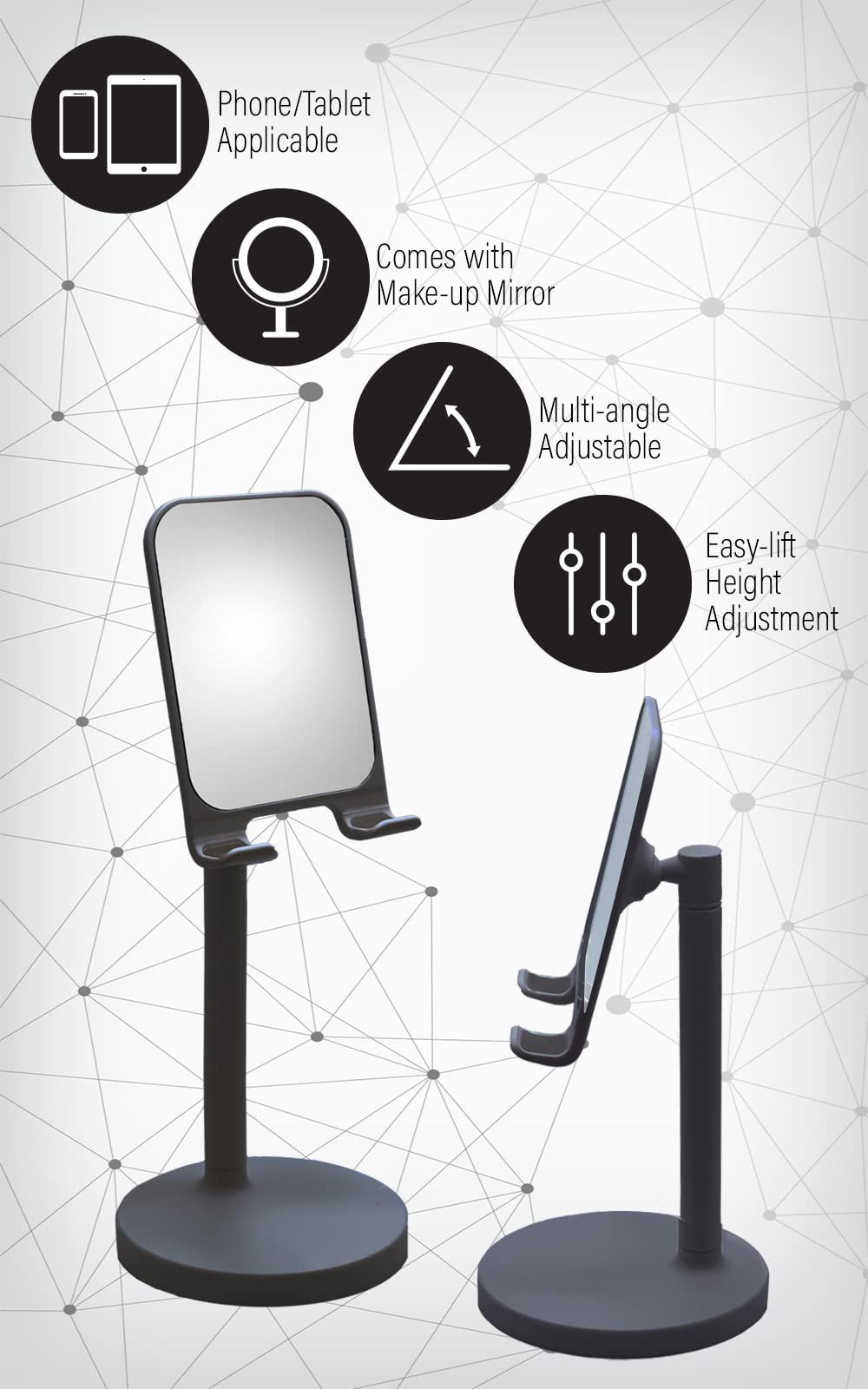 Adjustable Phone Stand with Mirror for Desk & Travel - Black | Hands-Free for Office, Kitchen, iPad