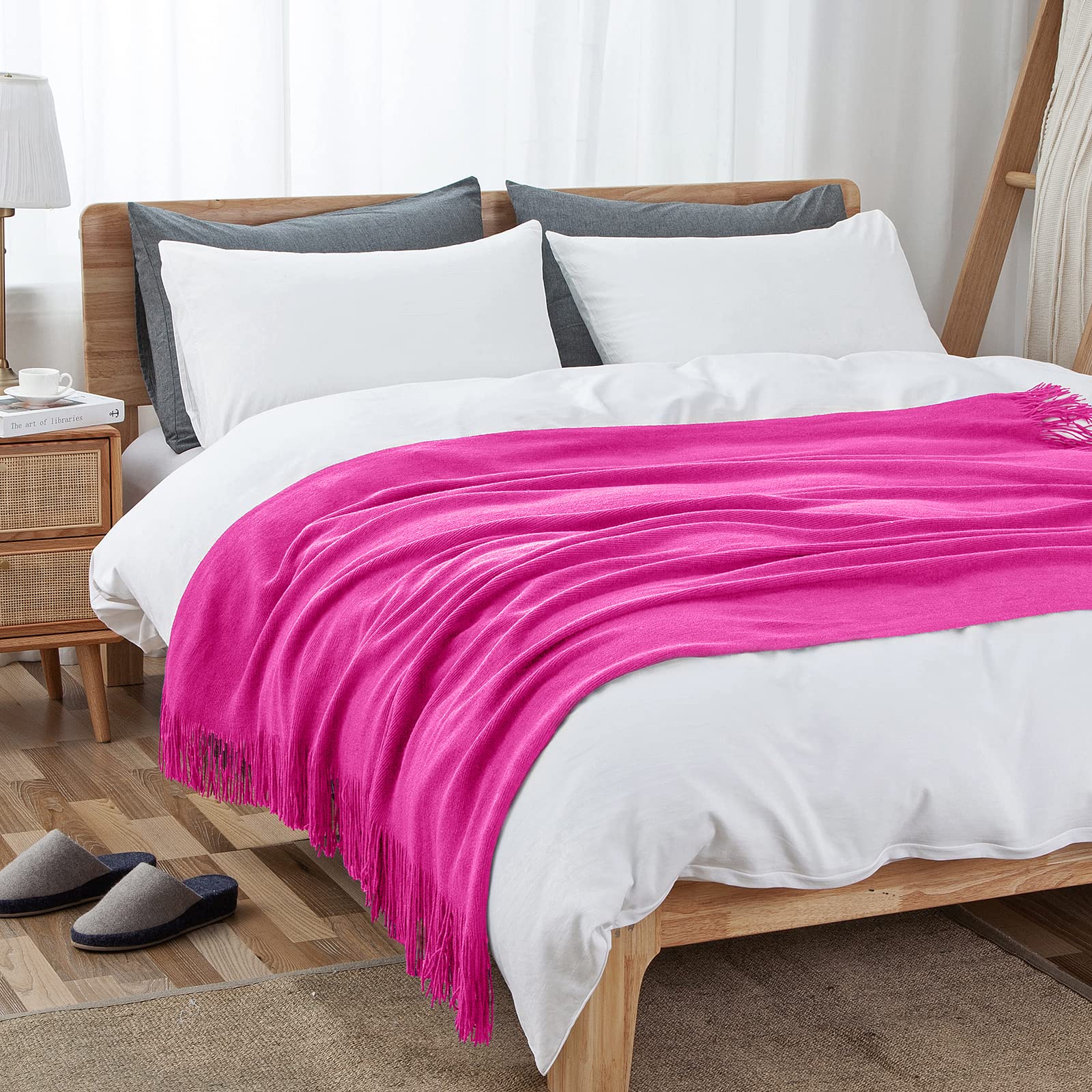 Vonty Hot Pink Knitted Blanket with Tassels Fringe 50