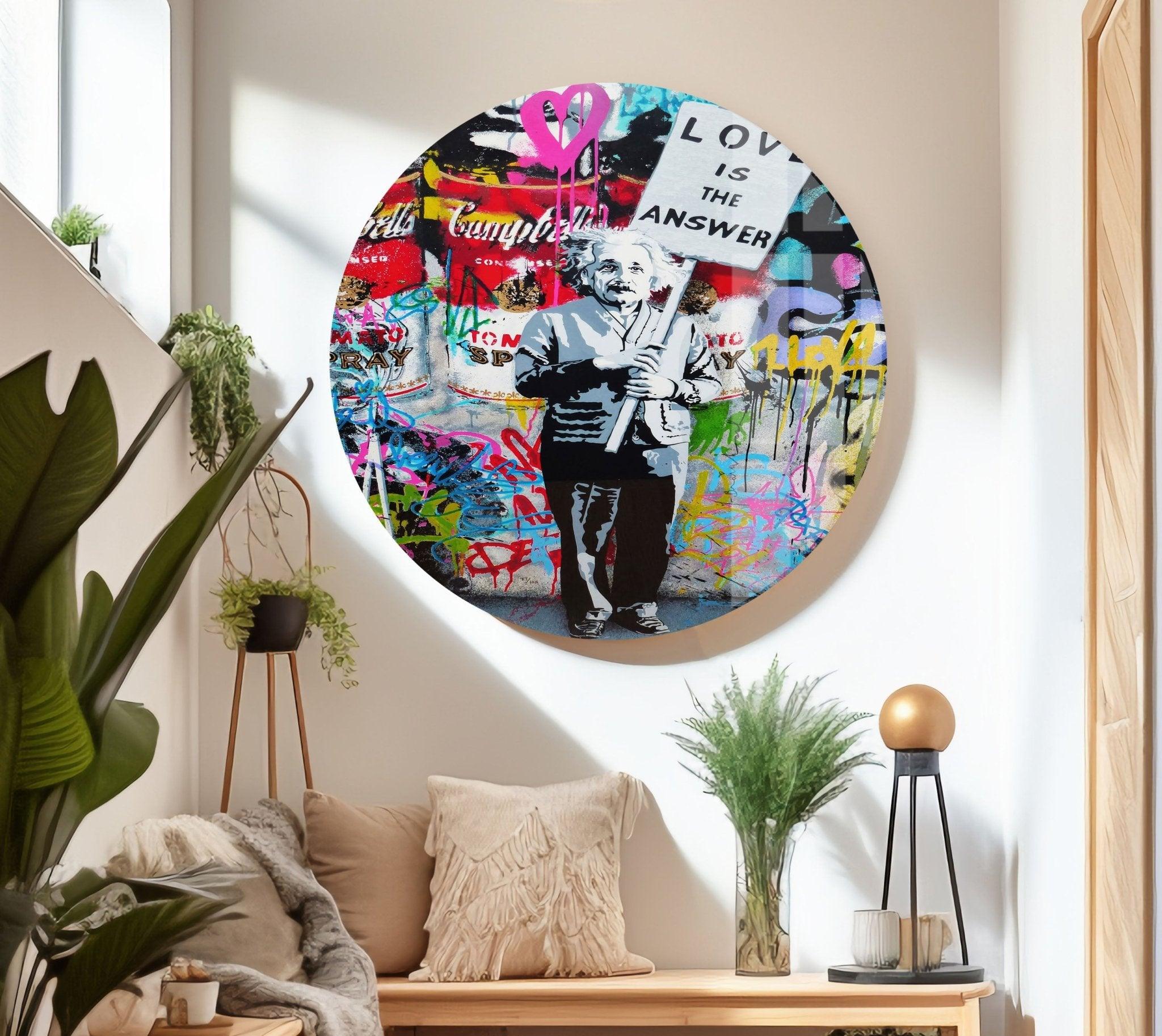 Banksy Einstein Graffiti Glass Wall Art - Modern Home Decor for Living Room, Office & Bedroom - Unique Street Art Inspired Glass Painting
