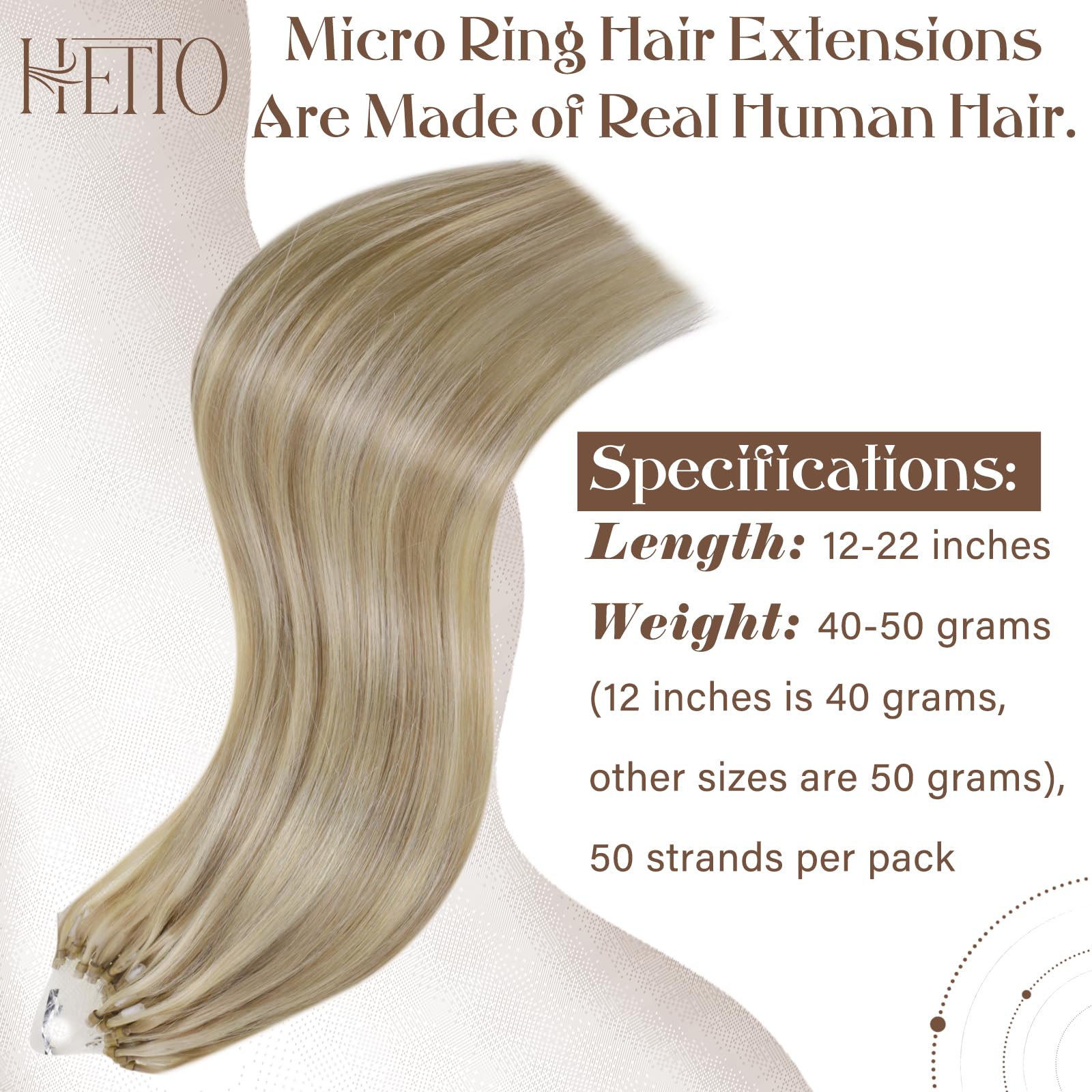 Hetto 18 Inch Micro Bead Hair Extensions - 50 Strands 50g Real Human Hair Straight in Blonde, Dirty Blonde & Golden Blonde Highlights (#17/23) | Seamless Micro Ring & Link Extensions for Volume & Length | Perfect for Parties, Weddings & Everyday Styling