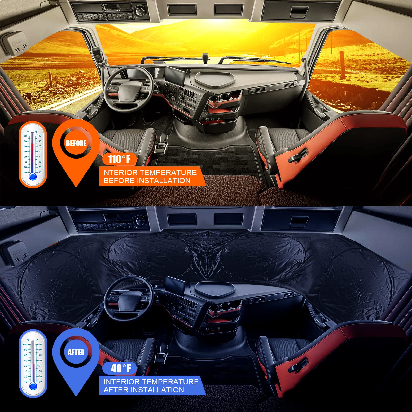 240T Semi-Truck Windshield & Side Window Sun Shade - Maximum UV & Heat Protection for Semi, Commercial, RV & Big Rig Trucks - Perfect for Long-Haul Driving & Parking in Direct Sunlight