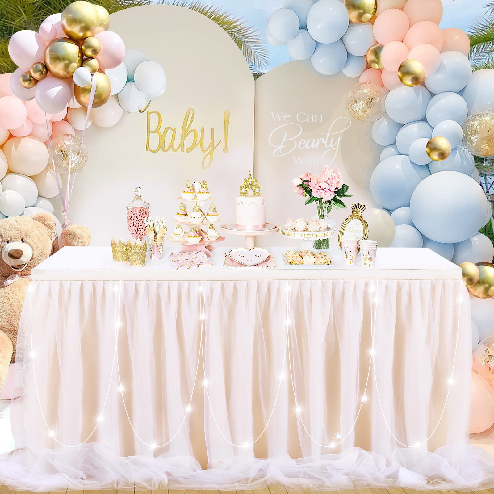 Ivory Tulle Table Skirt 9ft with LED Lights - Elegant Tutu Table Cover for Birthday Party, Baby Shower, Wedding & Banquet Decorations - Perfect for Indoor & Outdoor Celebrations