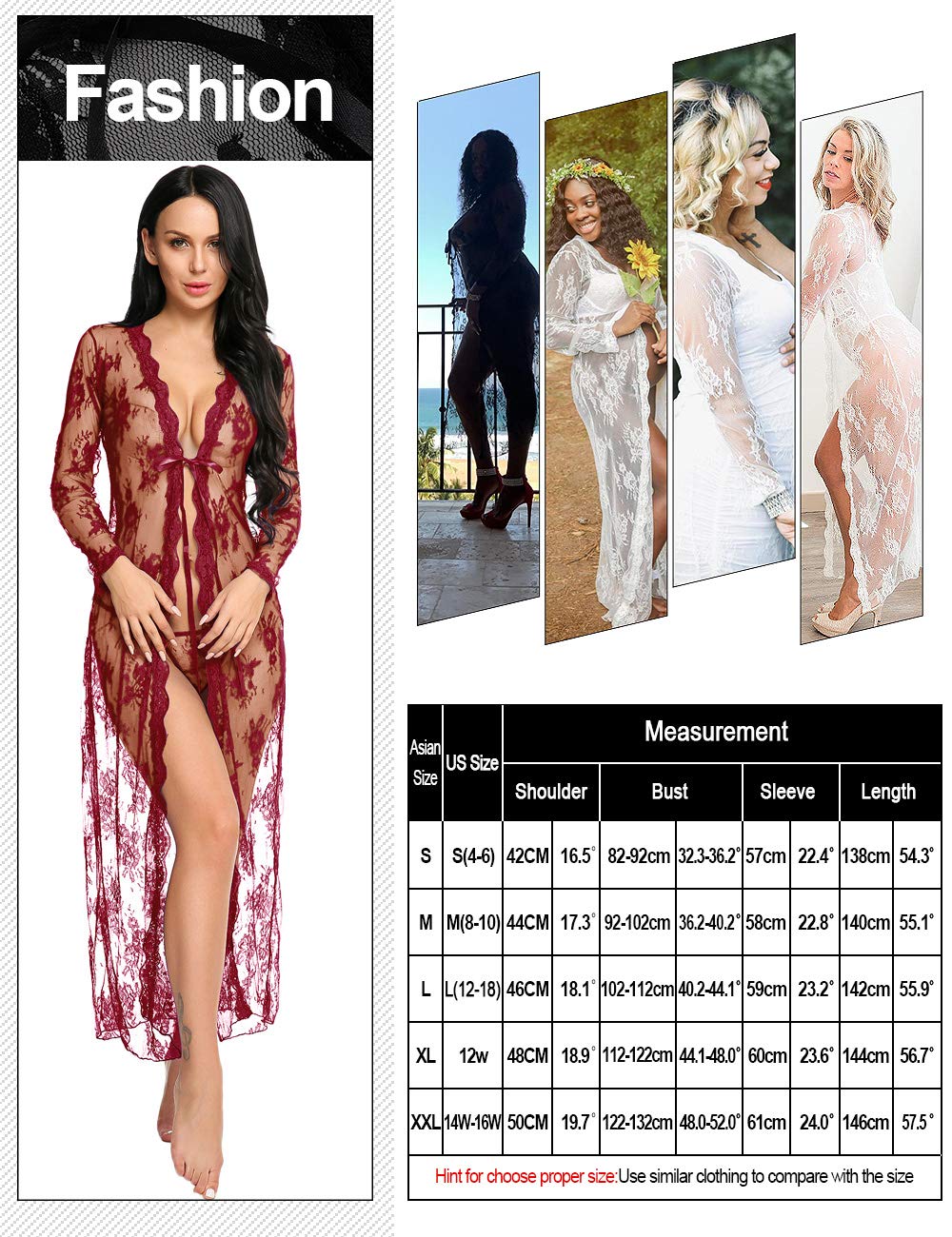 Sexy Long Lace Lingerie Dress for Women - Sheer See Through Kimono Robe Gown for Boudoir, Bedroom & Special Occasions