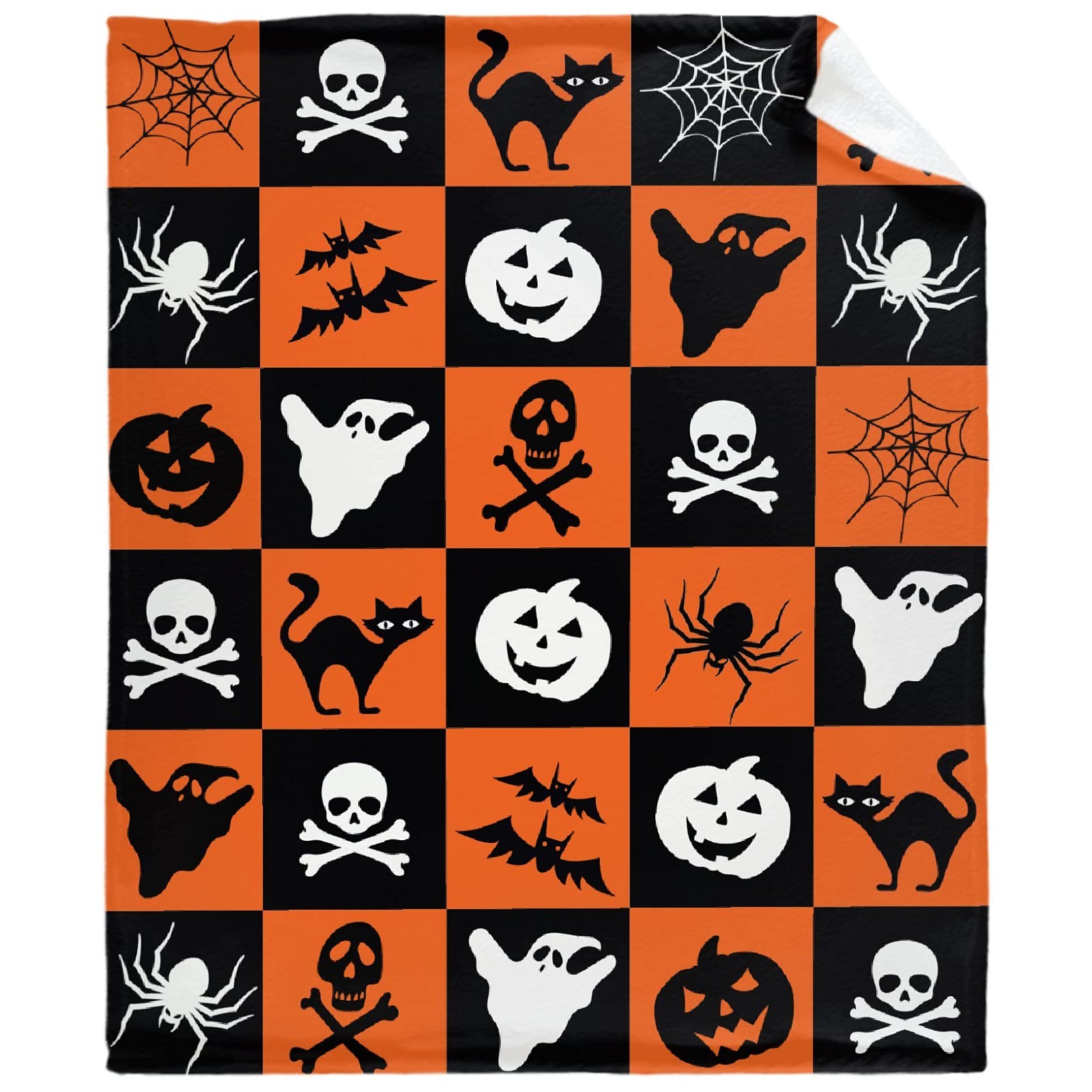 Halloween Throw Blanket - Spooky Spider Skull Web Design with Bats & Ghosts - Ultra Soft Warm Flannel Blanket (90x120 Inches) - Orange & Black Cozy Bedding for Couches, Beds, Halloween Decor - Anti-Pilling & Machine Washable - Perfect for Fall Season, Movie Nights & Holiday Gift