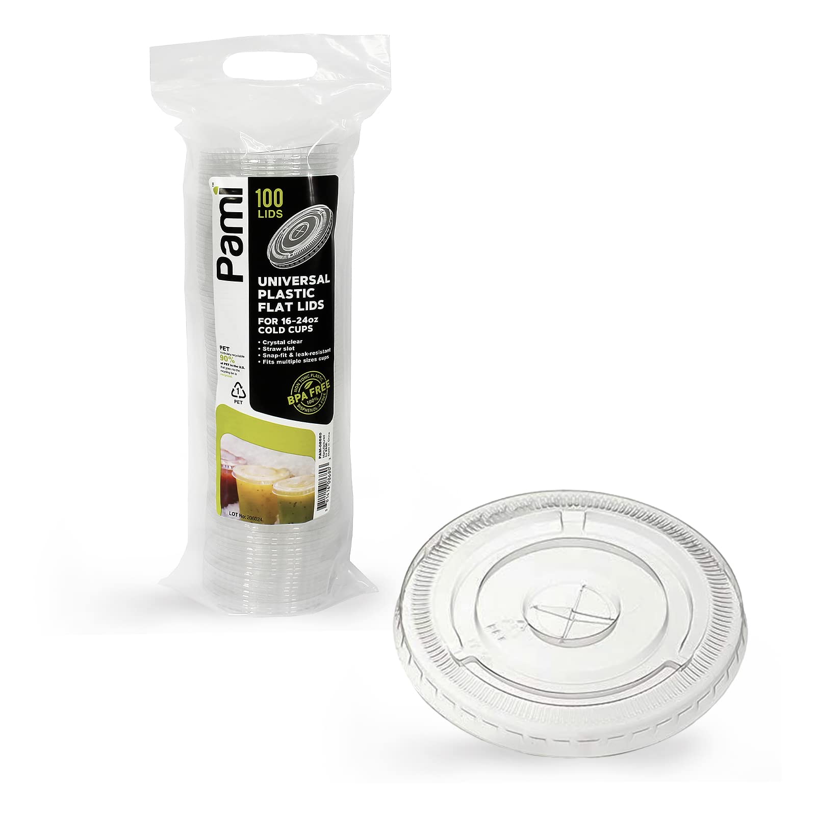 PAMI 100-Pack Disposable Flat Slot Lids for 16-24 Oz Plastic Cups | BPA-Free, Leakproof with Straw Hole | Perfect for Cold Drinks, Smoothies & Iced Coffee at Parties, Cafes & Takeout
