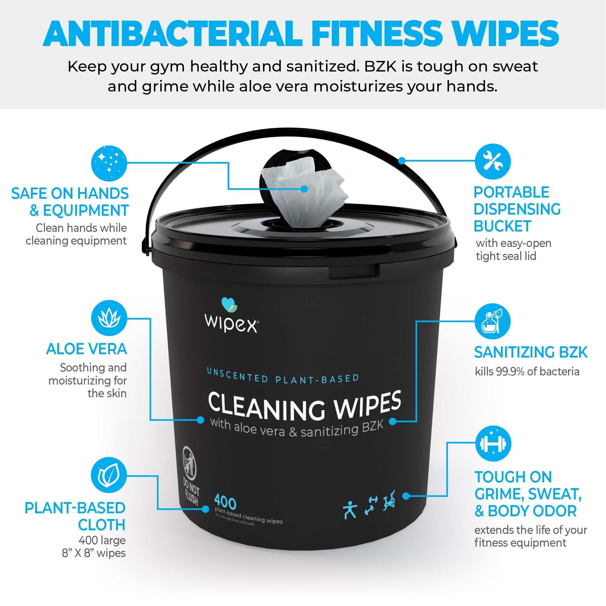Antibacterial Gym Wipes Bulk Pack 400ct | 98.9% Natural Plant-Based Formula | Skin-Safe Disinfecting Wipes | Portable Dispenser Bucket for Fitness Equipment, Yoga Mats & Home Gym Cleaning